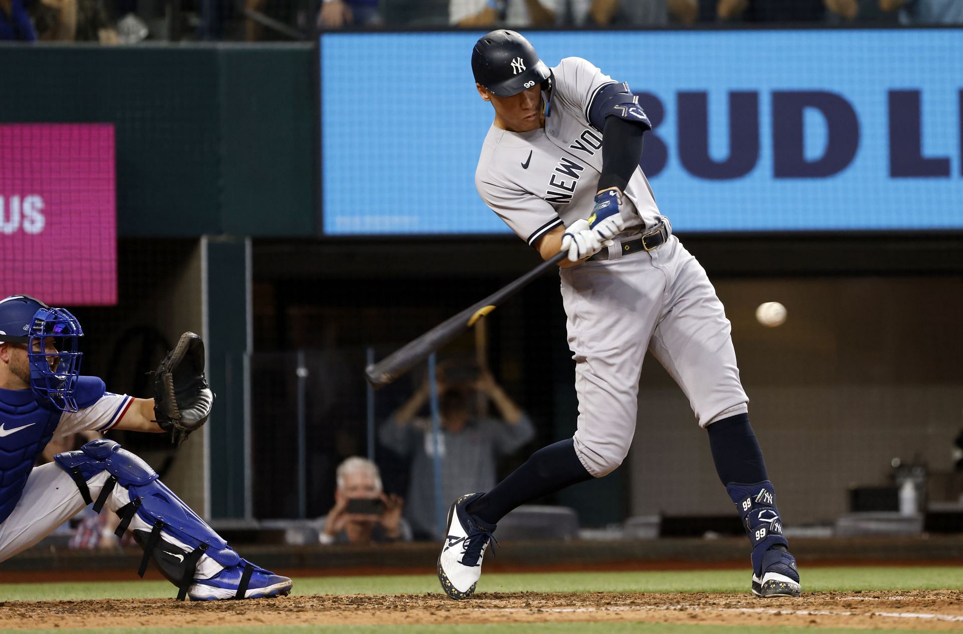 Aaron Judge singles against the Texas Rangers in game one of a double header at Globe Life Field