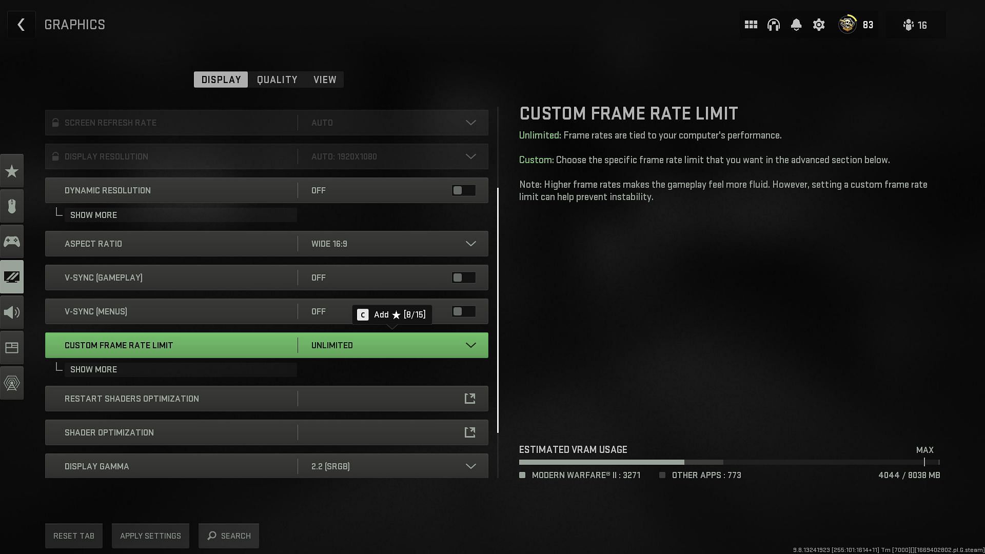 Changing frame limit to &#039;Unlimited&#039; in Modern Warfare 2 (Image via Activision)