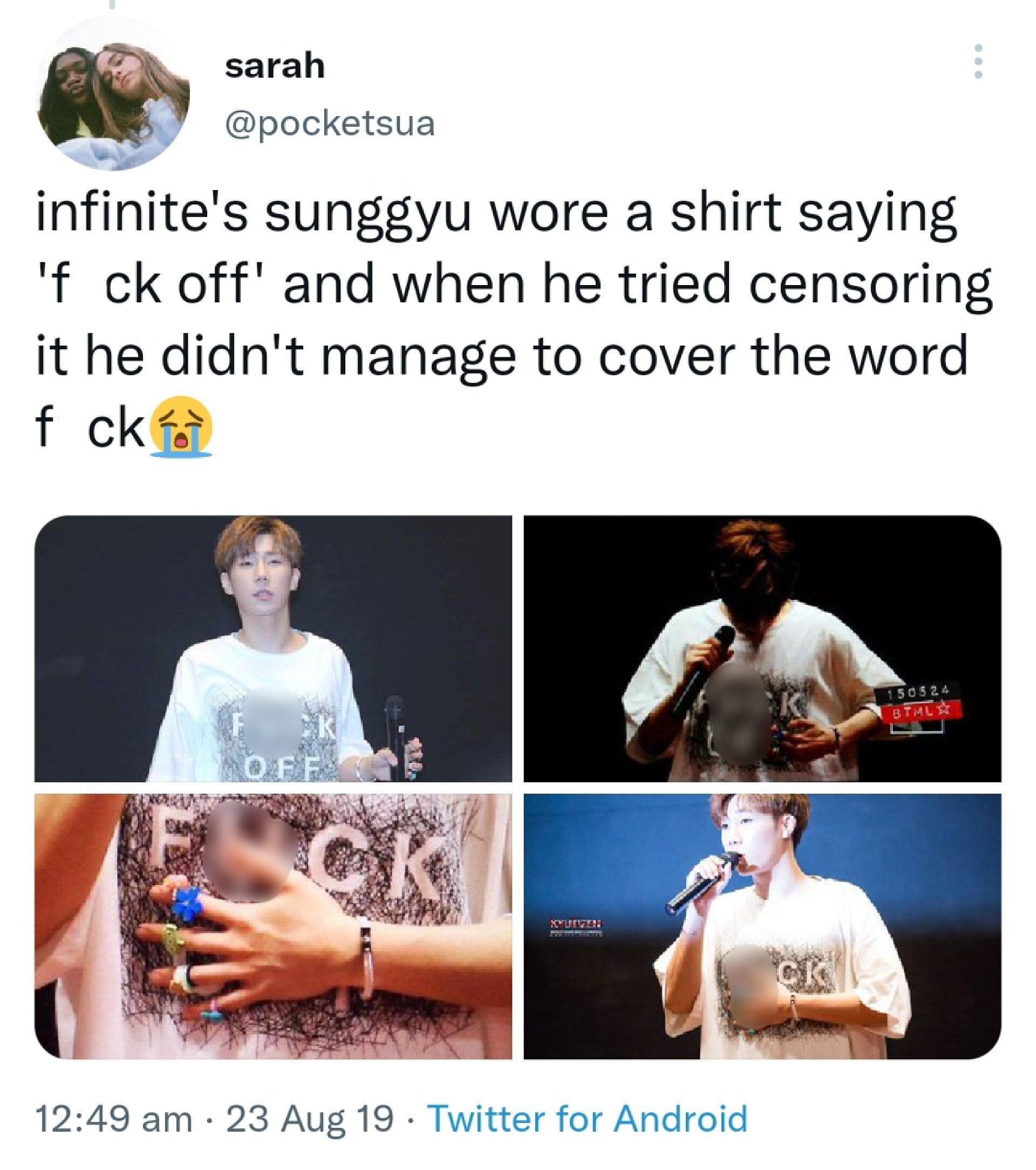Infinite&#039;s Sunggyu wearing a t-shirt that says &quot;F*ck off&quot;