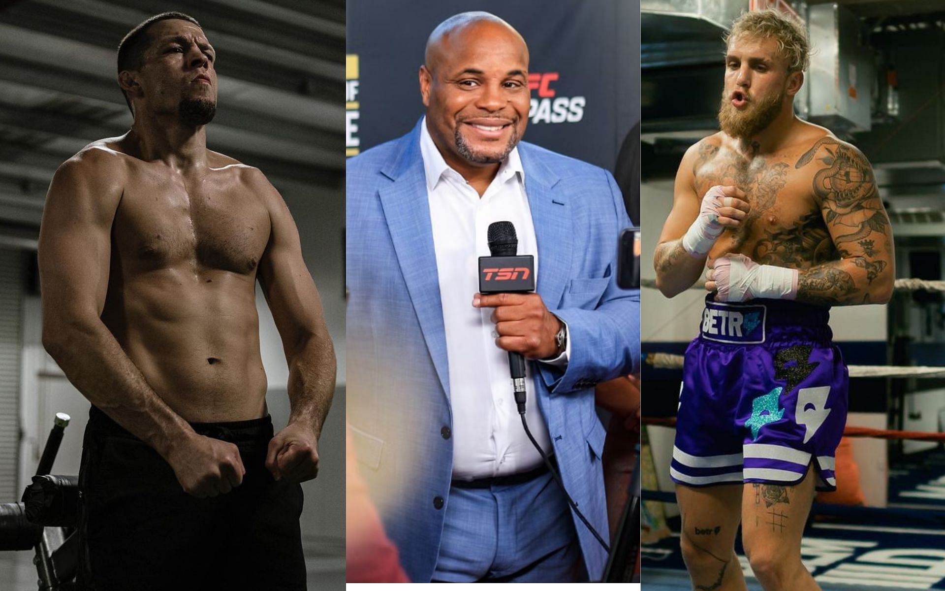 Nate Diaz (Left), Daniel Cormier (Centre) and Jake Paul (Right) [Images via: @natediaz209 and @jakepaul on Instagram]