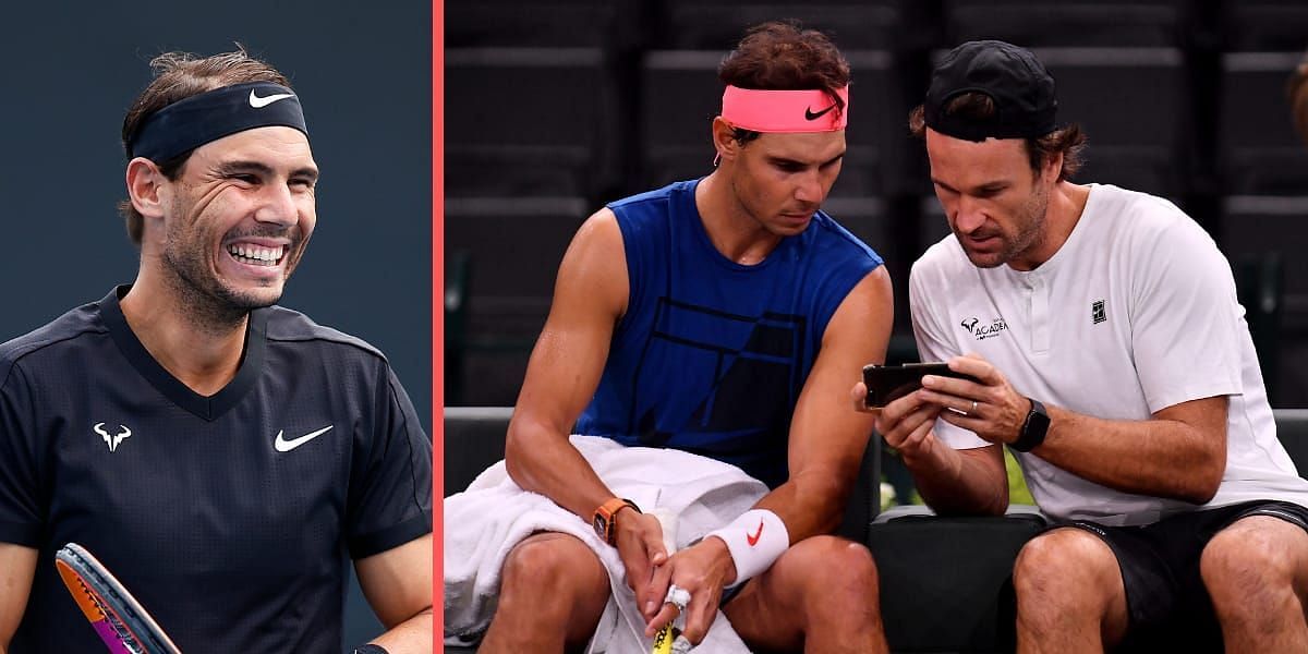 Rafael Nadal plays doubles with coach Carlos Moya