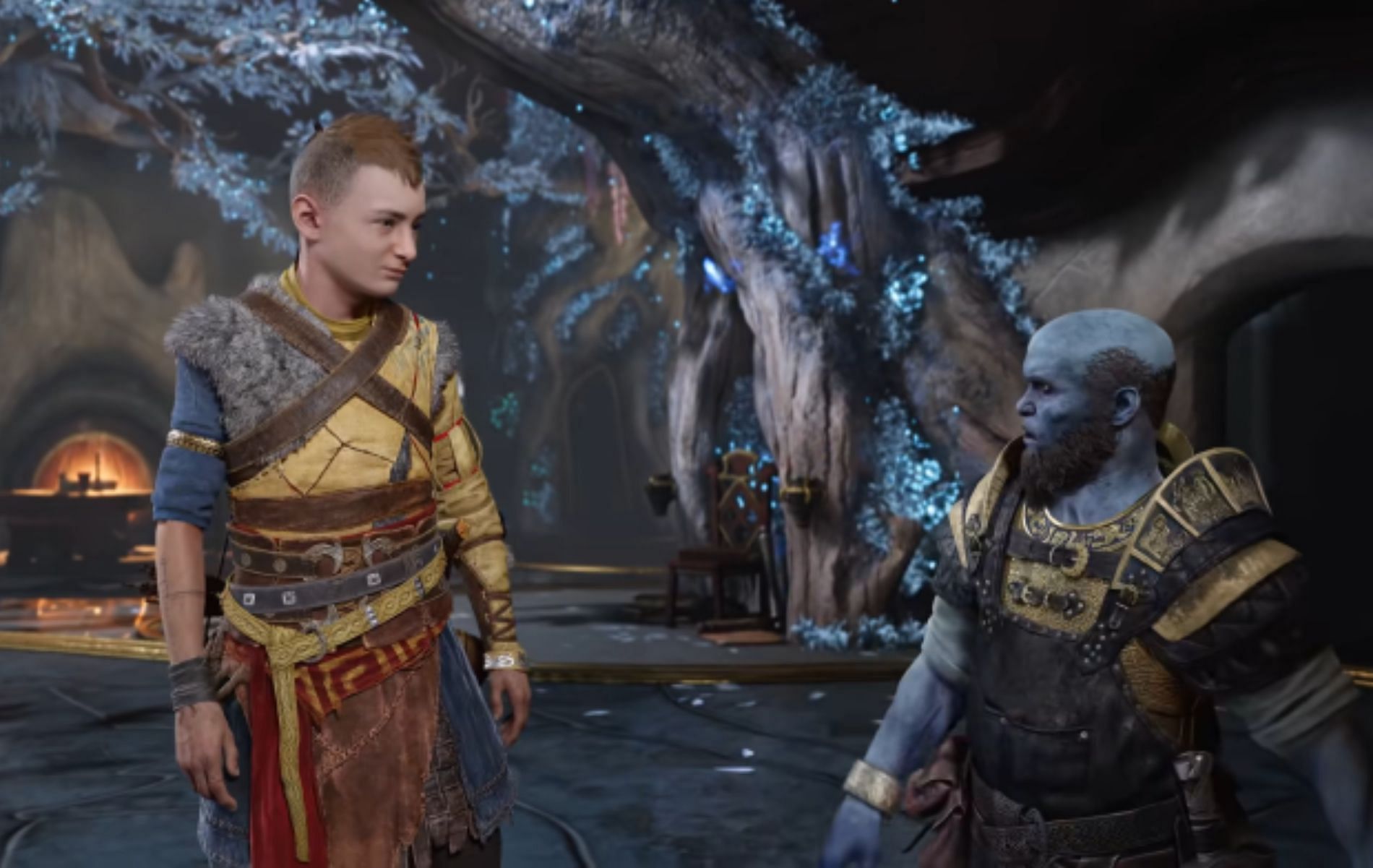 Brok (right) and Atreus (left) inside Brok&rsquo;s Workshop in God of War Ragnarok (Image via Santa Monica Studio)