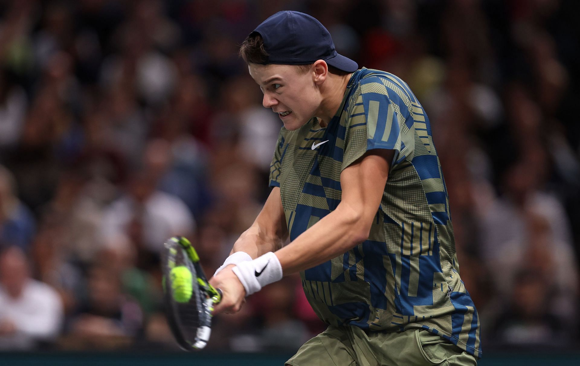 Holger Rune in action at the Paris Masters