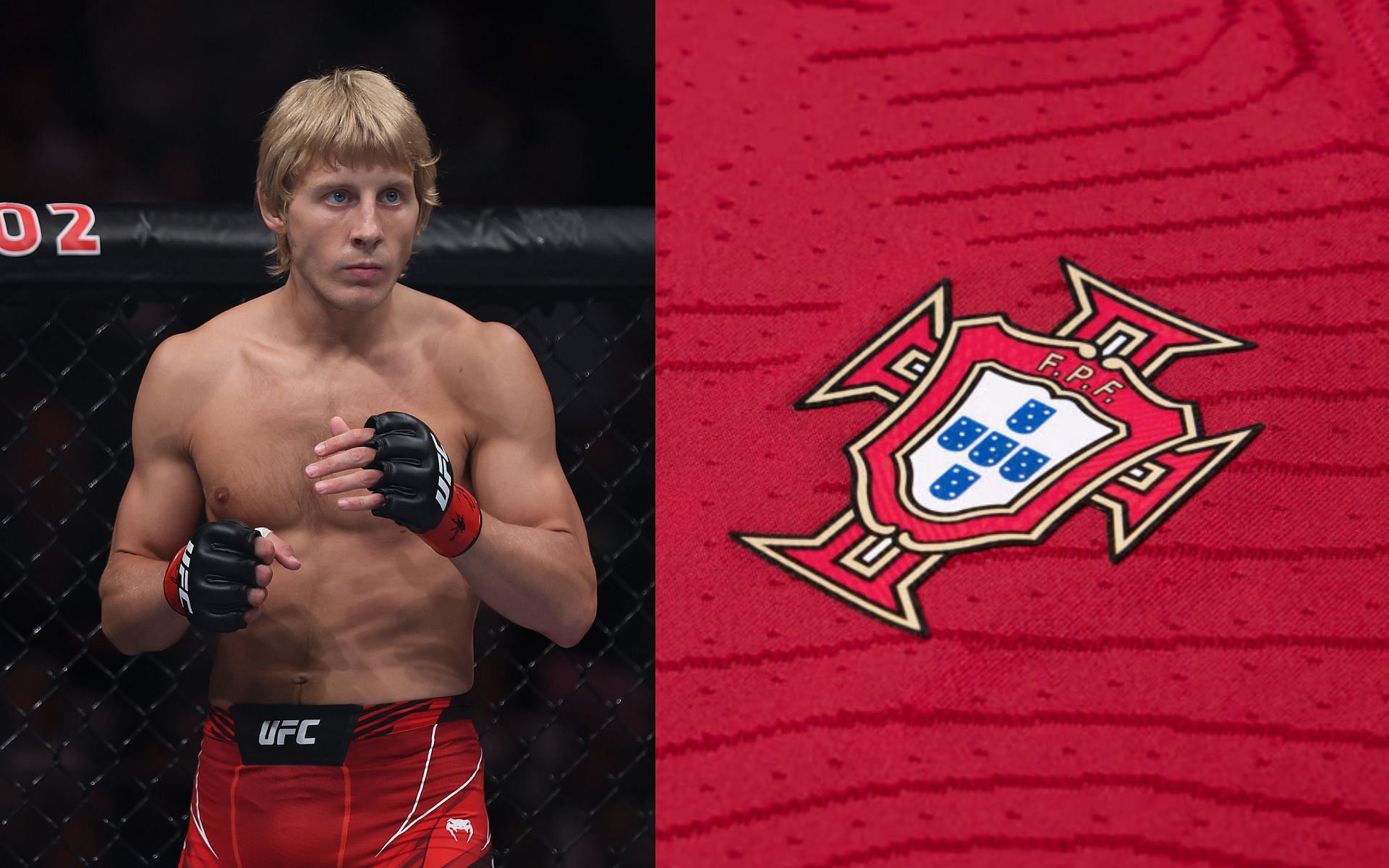 Paddy Pimblett (left) and Portugal national football team crest (right). [Images courtesy: left image from Getty Images and right image from Nike]