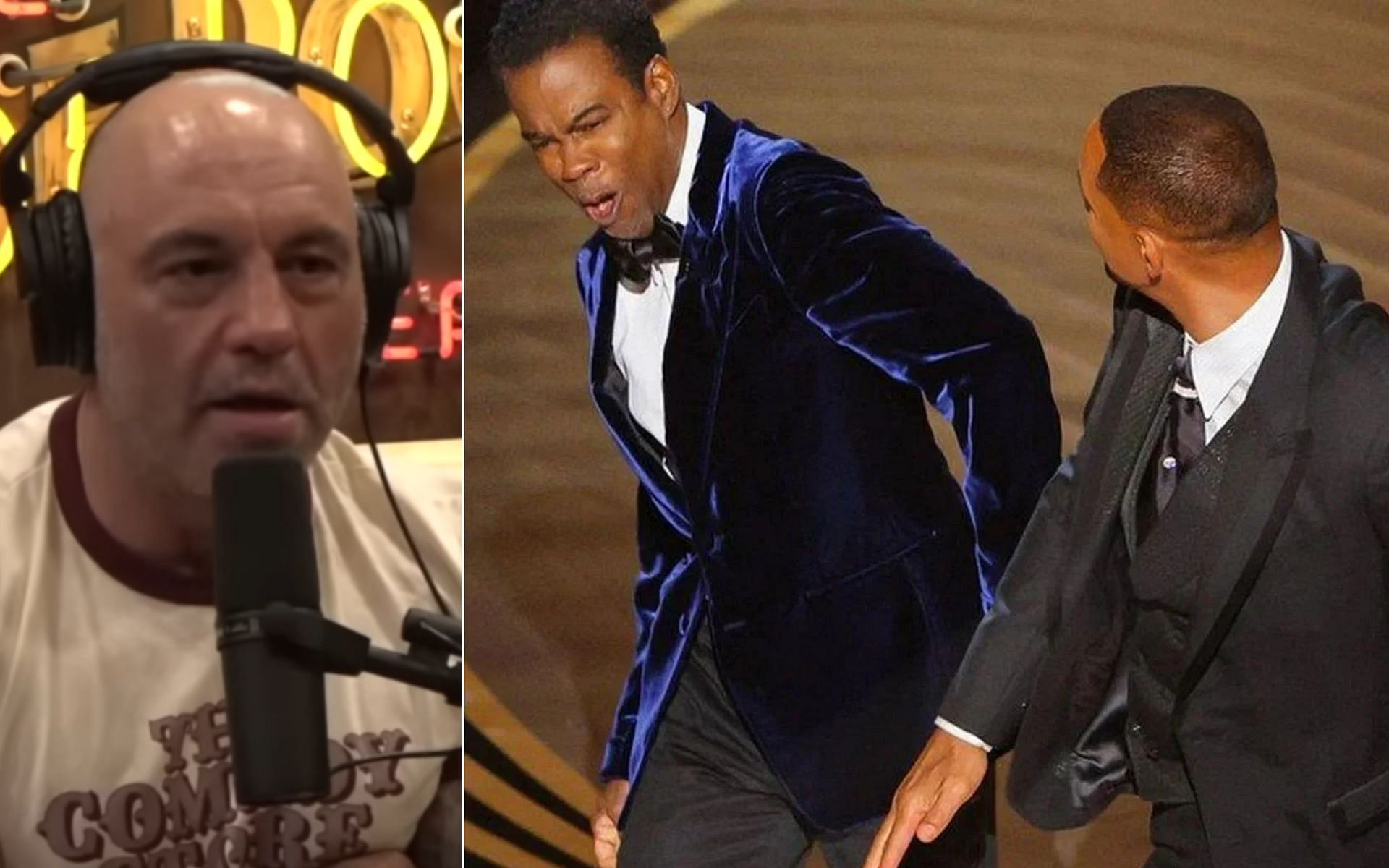 (L) Joe Rogan  {Photo credit: PowerfulJRE - YouTube}, and 2022 Academy Awards {Photo credit: Getty Images} (R)