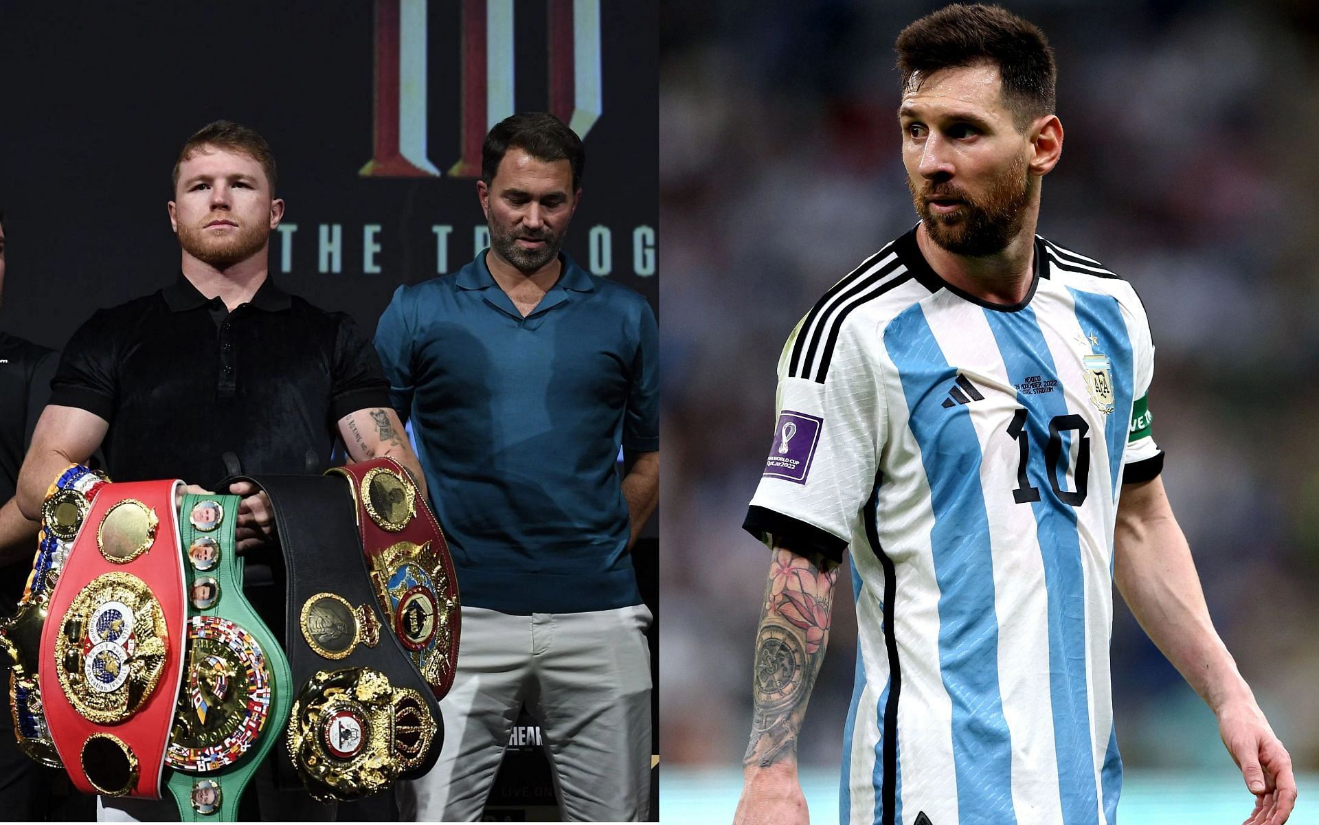 Canelo Alvarez and Eddie Hearn (L), and Lionel Messi (R).