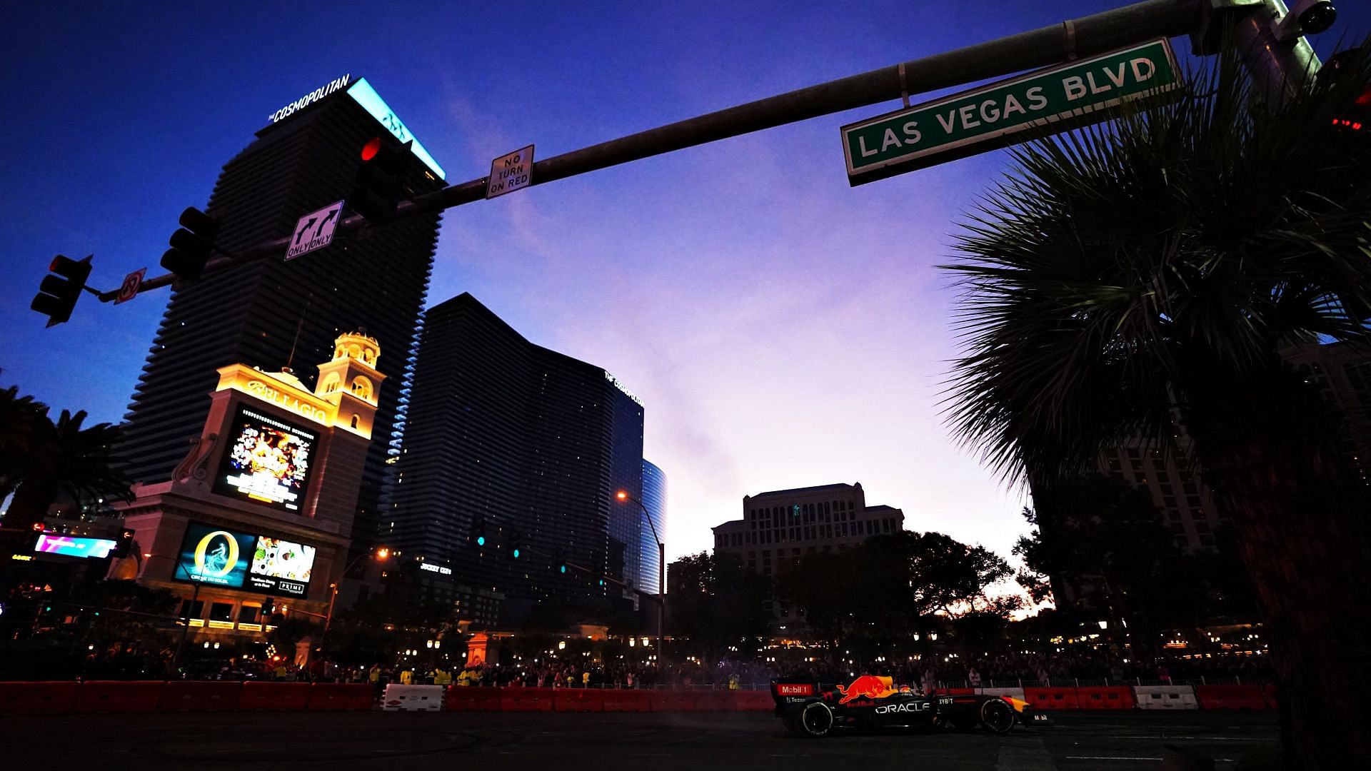 A view of the Las Vegas Boulevard and Red Bull driven by Sergio Perez