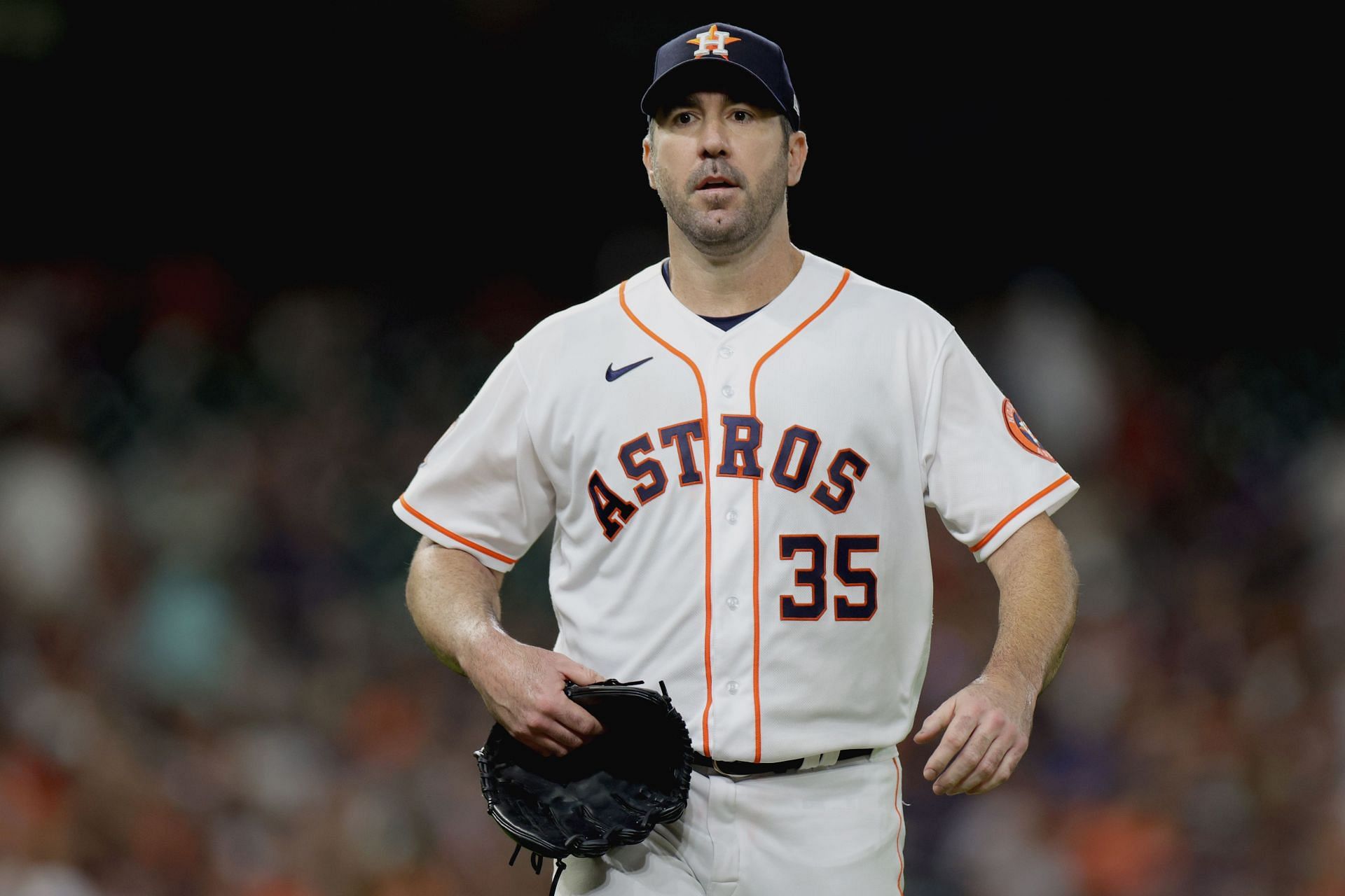 Justin Verlander walks back the dugout after getting an out against the Minnesota Twins at Minute Maid Park.