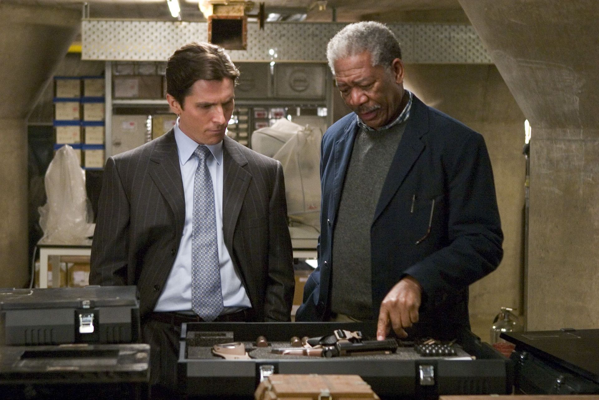 Morgan Freeman as Lucius Fox in Batman Begins (Image via Warner Bros. Pictures)