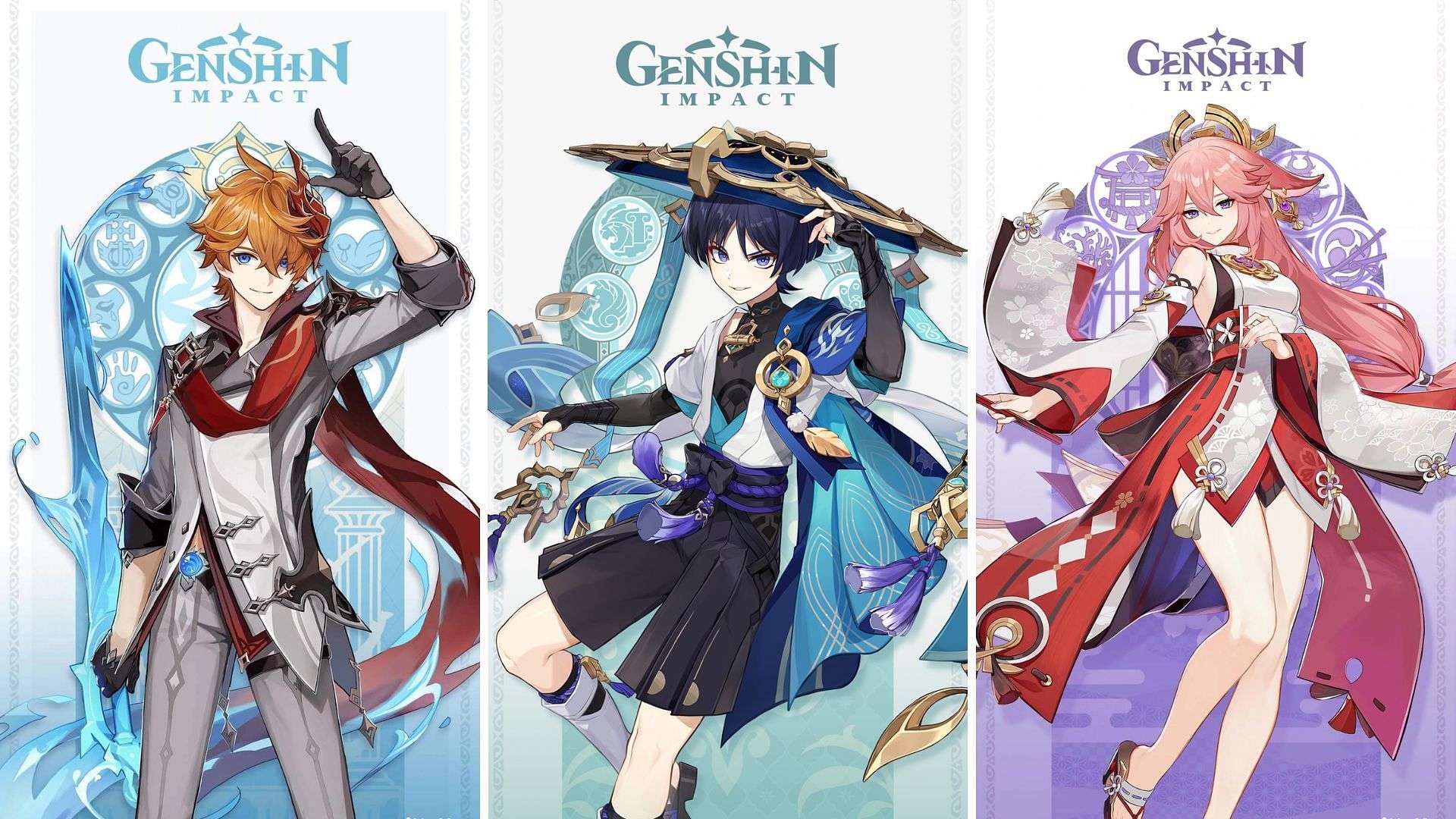 Genshin Impact banners for 2022 Childe, Yae, Wanderer, and