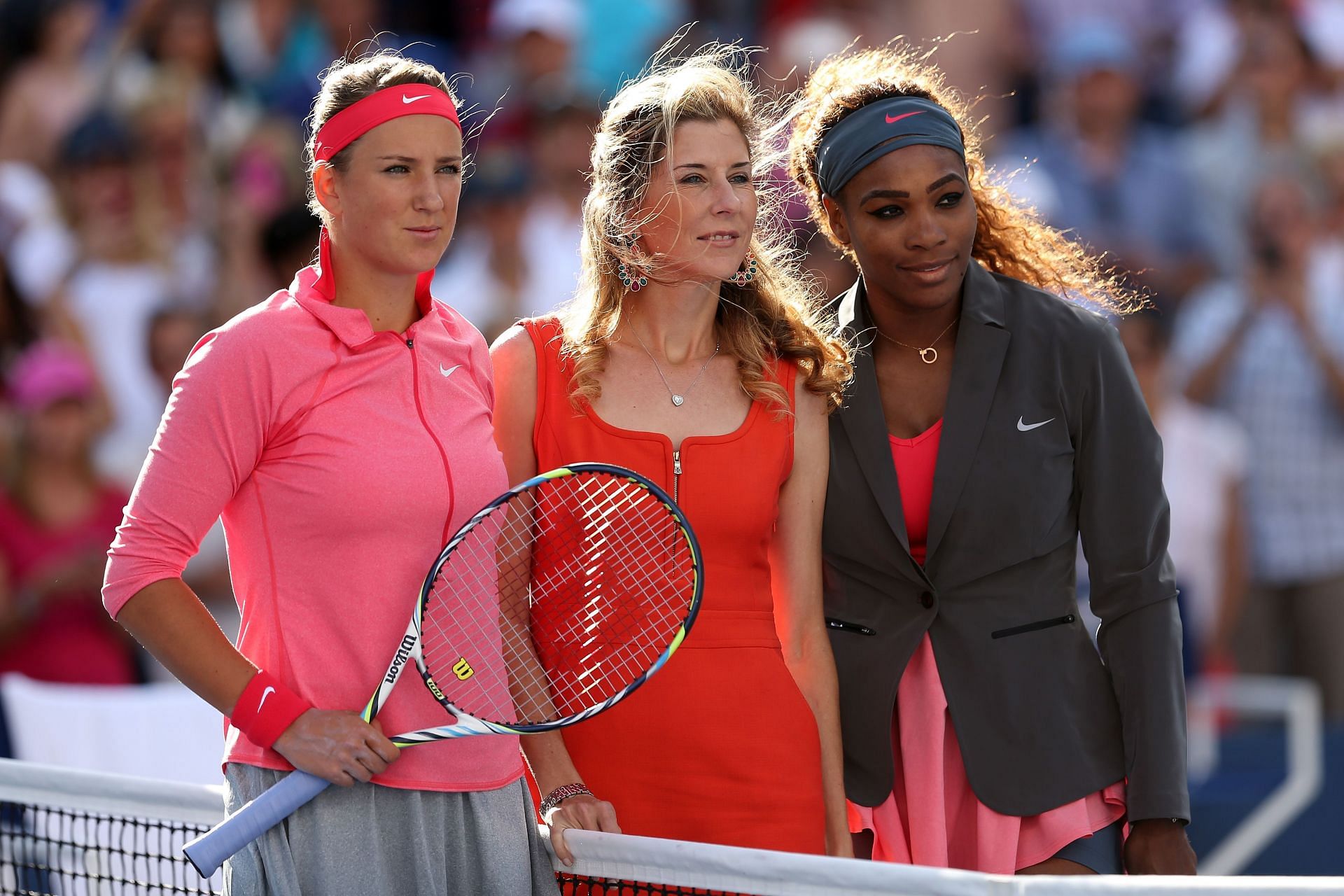 Victoria Azarenka (L), Monica Seles, and Serena Williams (R) at the 2013 US Open
