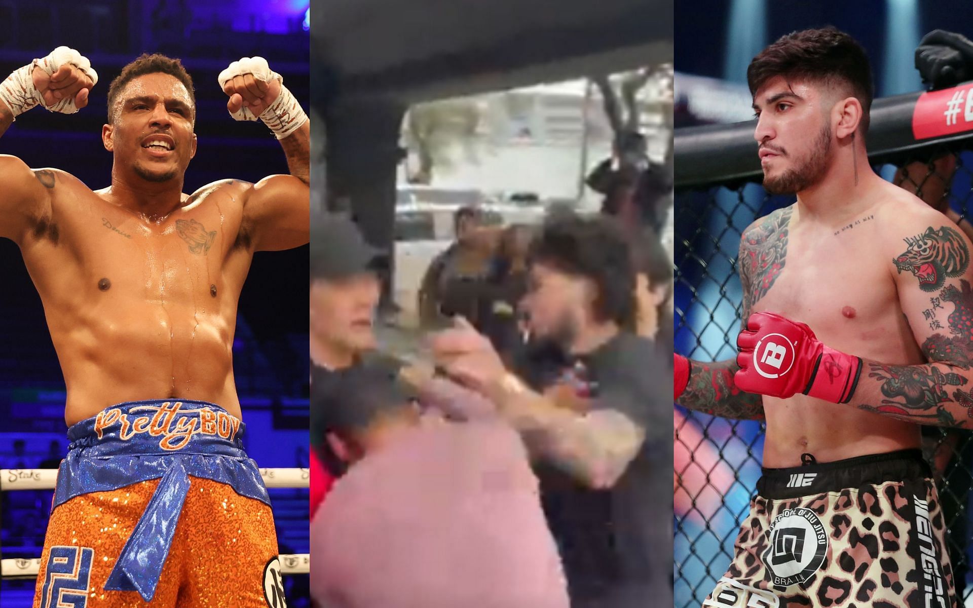 Anthony Taylor (left), the altercation (center), and Dillon Danis (right). [Images courtesy: left image from Getty Images, center image from Twitter @IFLTV, and right image from USA Today]