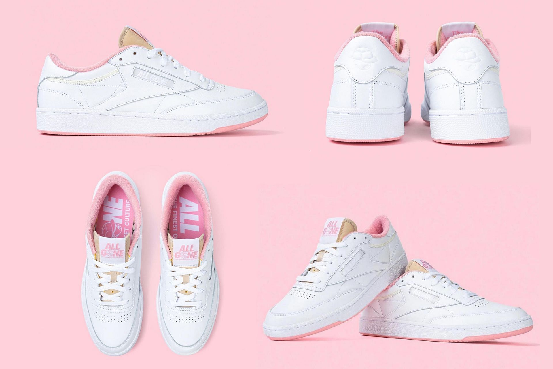 Newly released limited-edition All Gone x Paperboy Paris x Reebok Club C sneakers coming in pink and white (Image via Reebok)