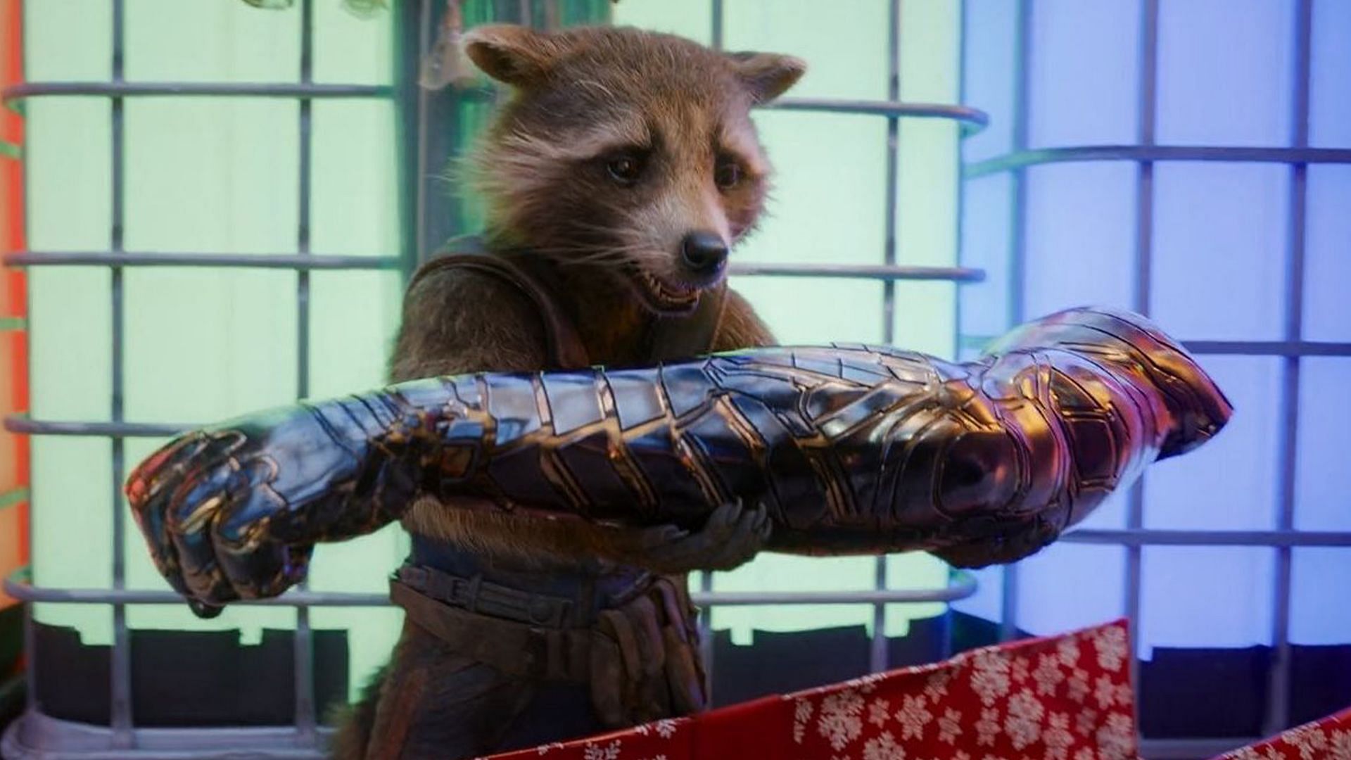 Rocket getting Bucky&#039;s arm as a gift in the Guardians of the Galaxy Holiday Special (Image via Marvel)