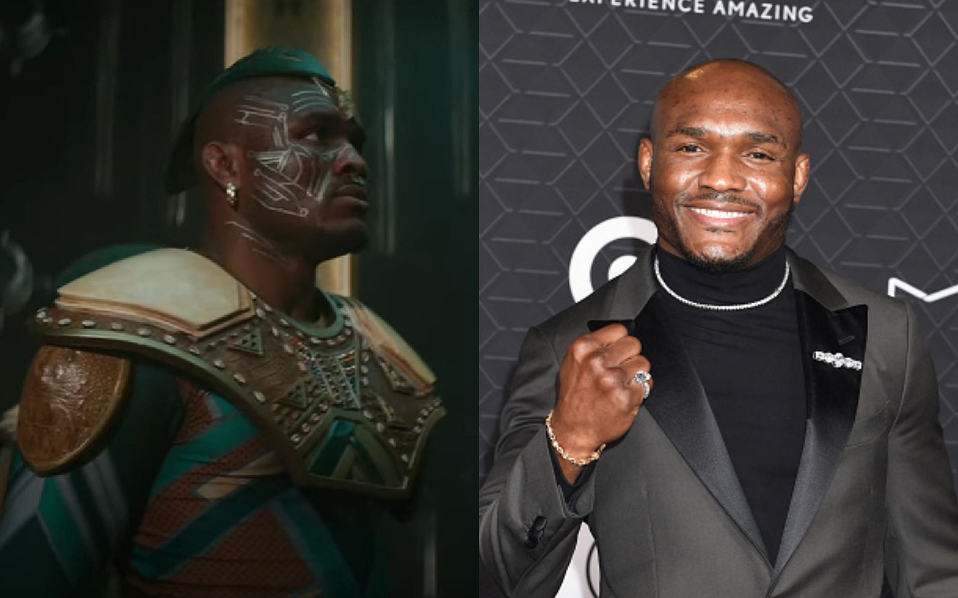 Kamaru Usman in Black Panther: Wakanda Forever (left. Image credit: ESPN MMA on YouTube), Kamaru Usman (righ)