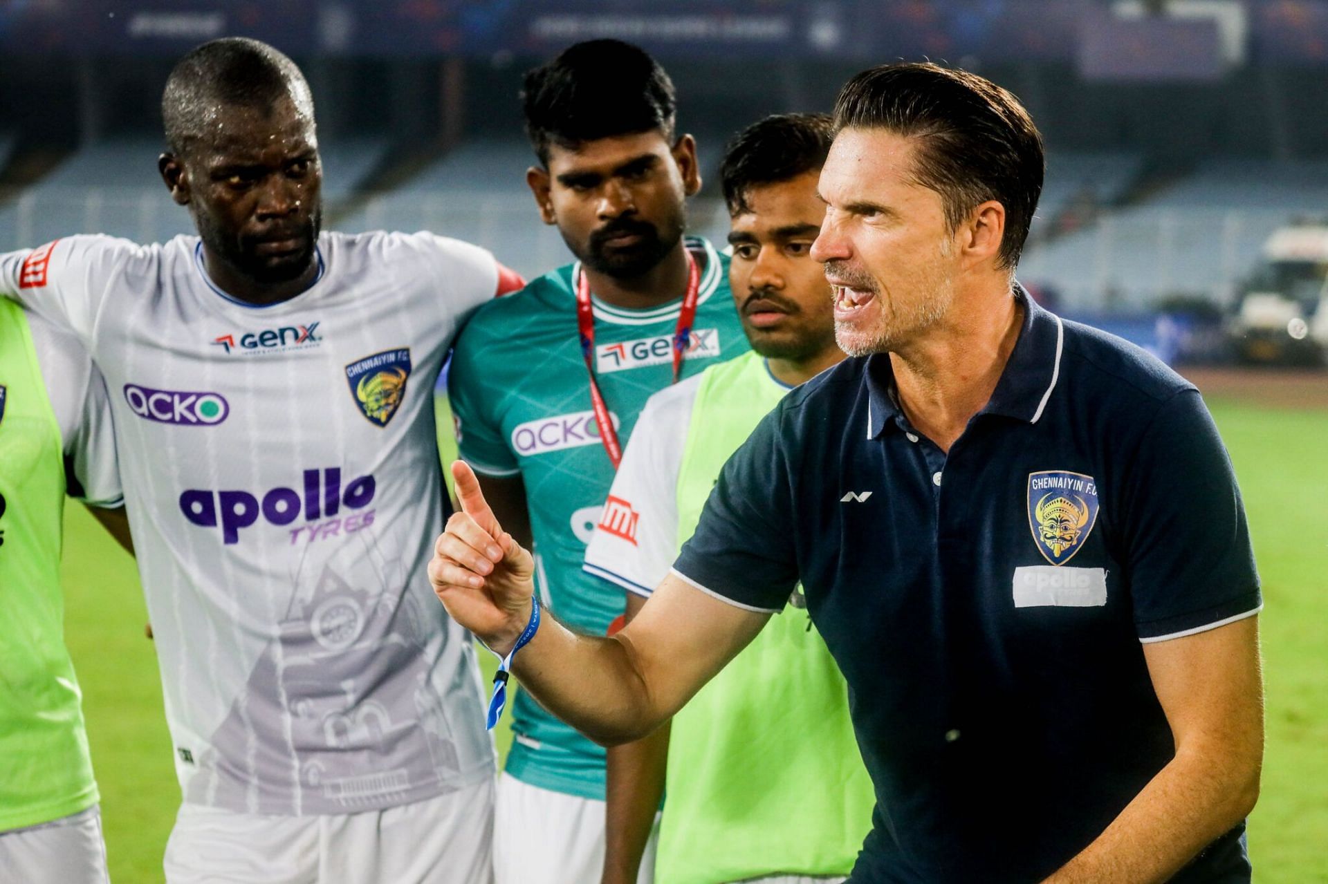 Chennaiyin FC coach Thomas Brdaric speaks to his players after their win against East Bengal. [Credits: CFC official website]