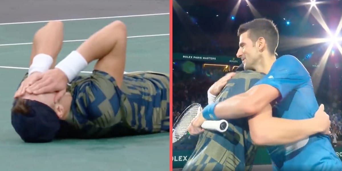 Holger Rune reacts after stunning six-time champion Novak Djokovic in the 2022 Paris Masters final