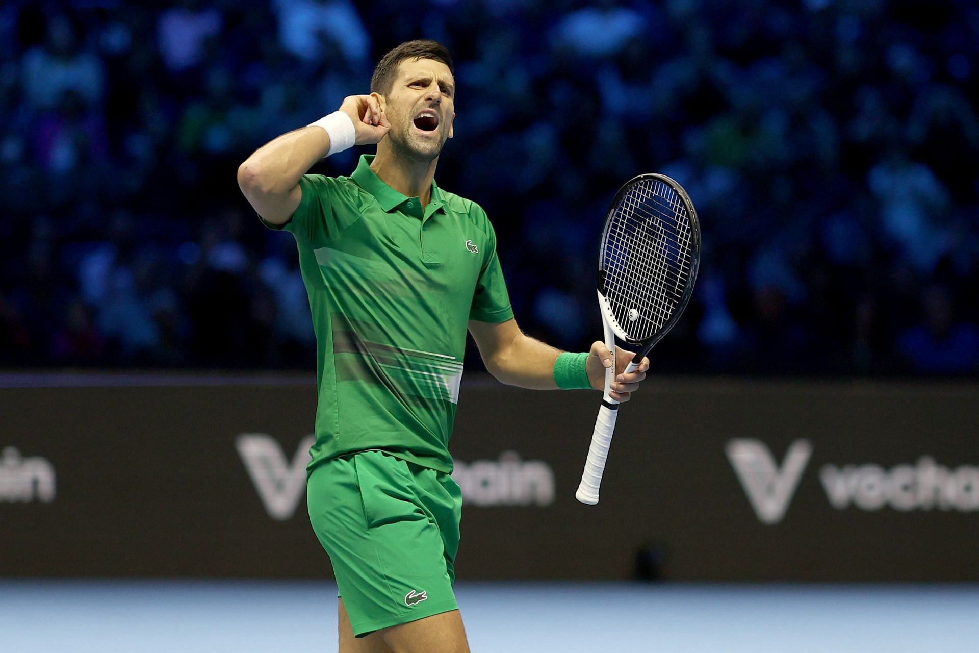 Novak Djokovic in action against Stefanos Tsitsipas at the 2022 ATP Finals in Turin.