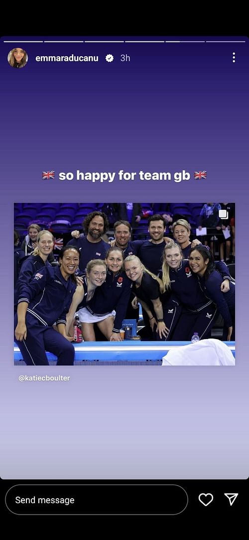 Emma Raducanu's Instagram story on Thursday: Czech Republic v Great Britain - Billie Jean King Cup Play-Off: Day Two