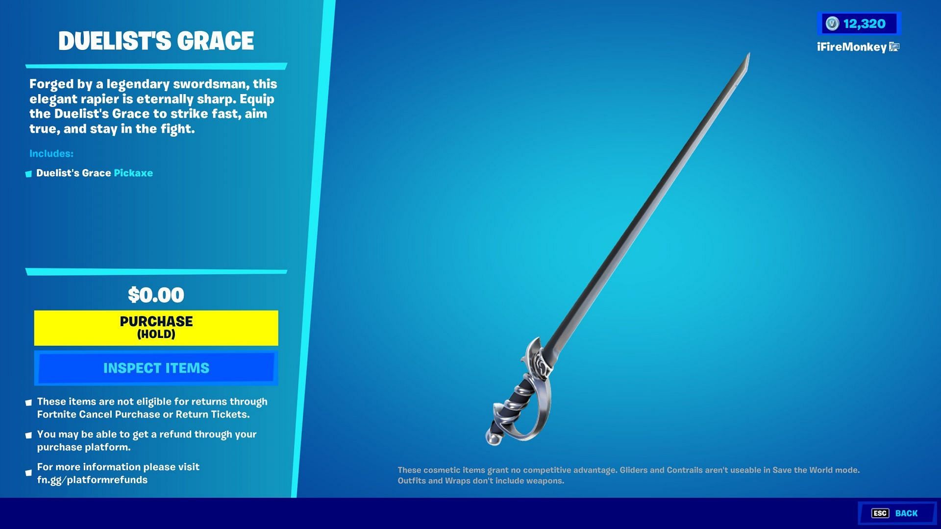 The Duelist&#039;s Grace pickaxe can be obtained for free by visiting the Item Shop (Image via Epic Games)