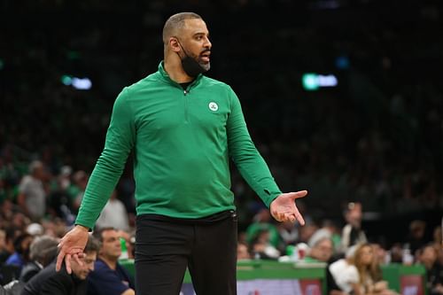 Ime Udoka reacts to a play during a Boston Celtics game