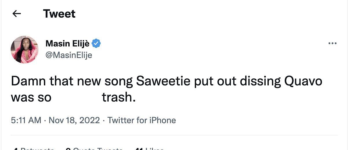 Netizens slam Saweetie on launching her new song just after the demise of her ex-boyfriend&#039;s nephew, Takeoff. (Image via Twitter)
