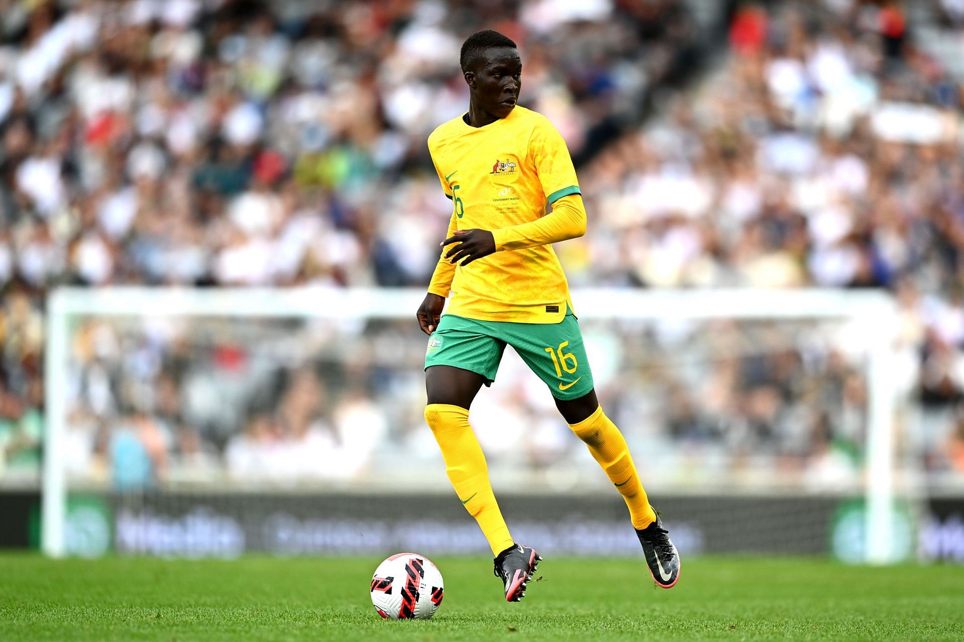 Garang Kuol in action on his debut for Australia against New Zealand 