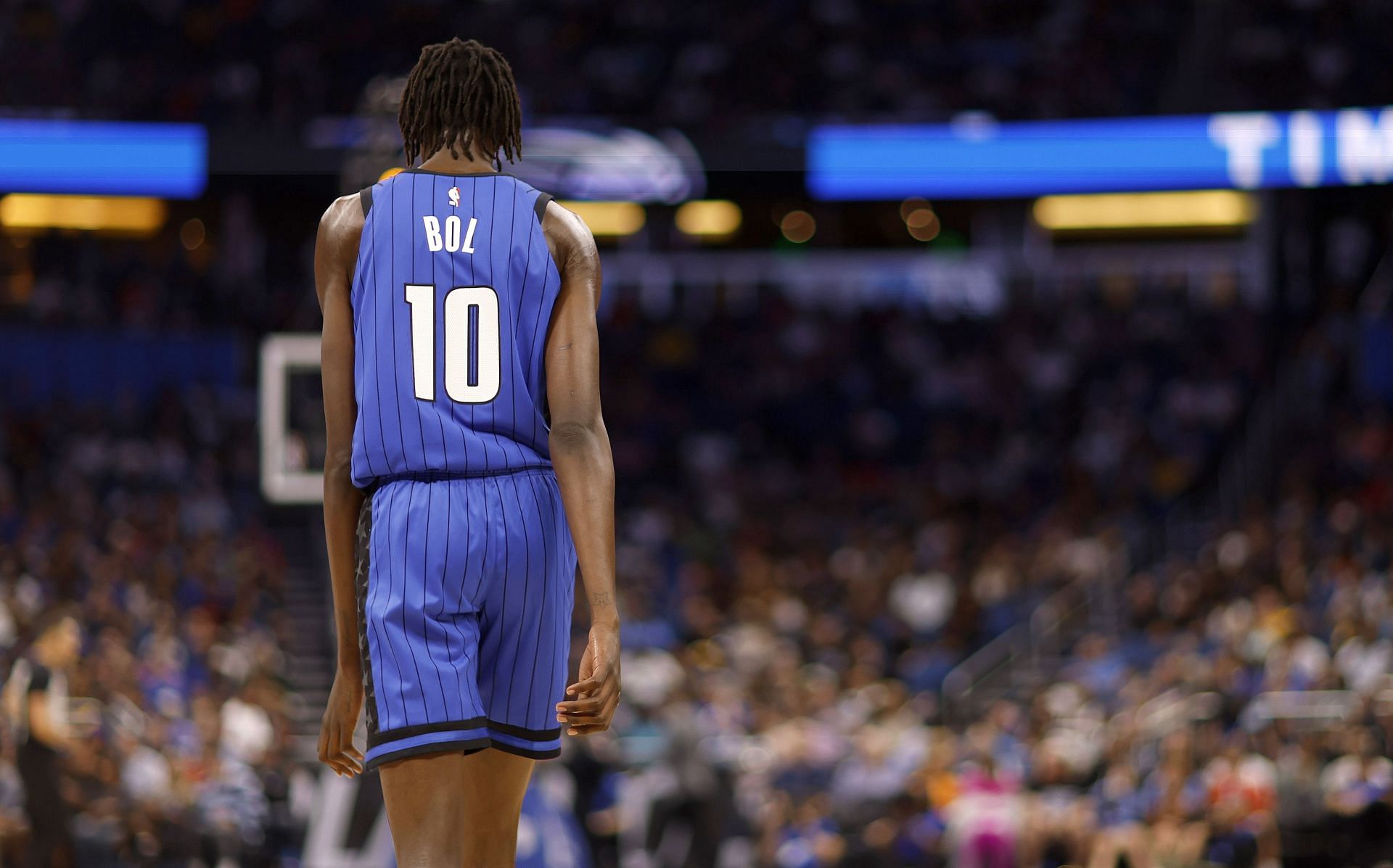 Bol Bol of the Orlando Magic looks on during a game against the Golden State Warriors