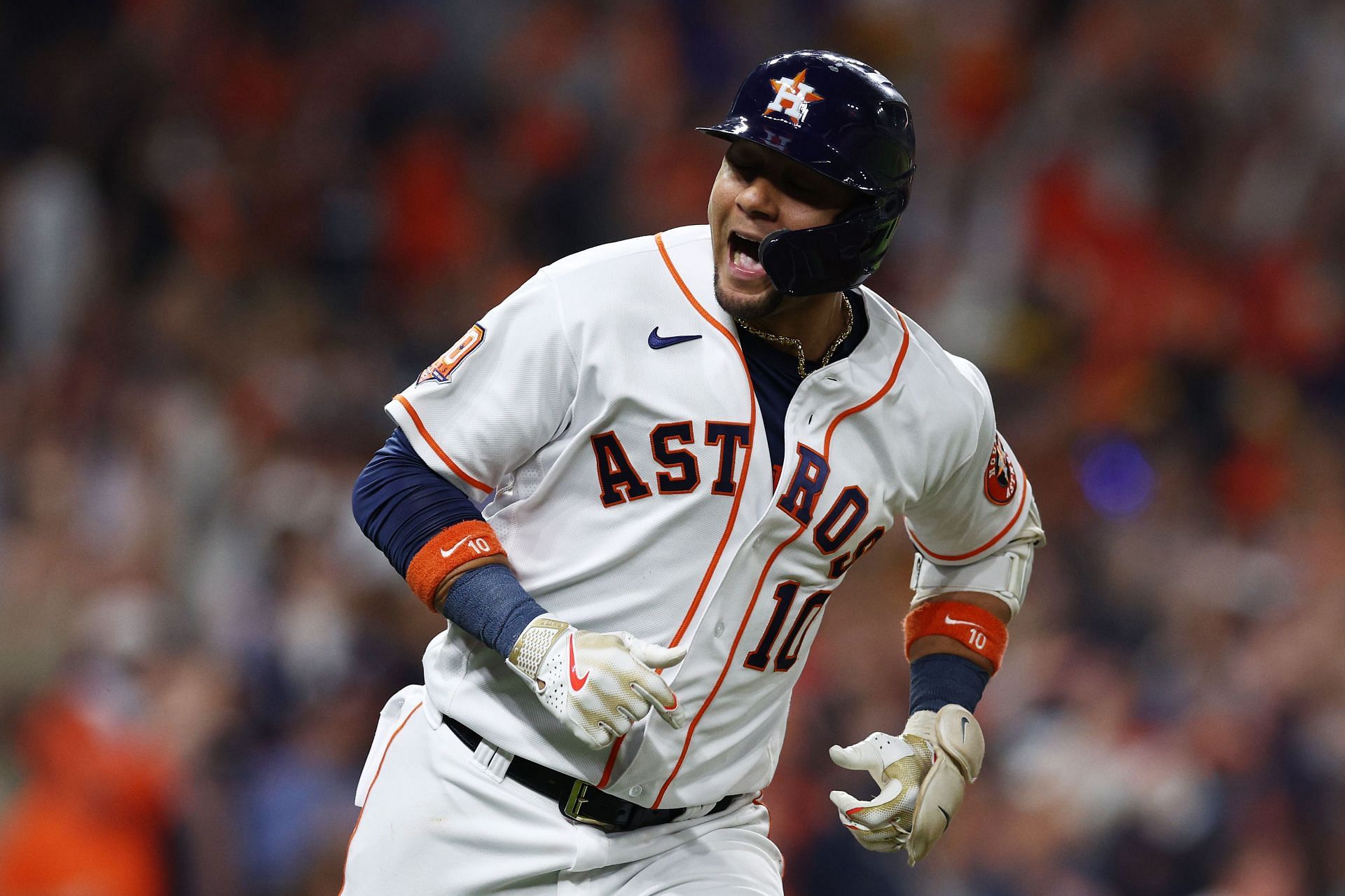 Yuli Gurriel of the Houston Astros celebrates after hitting a