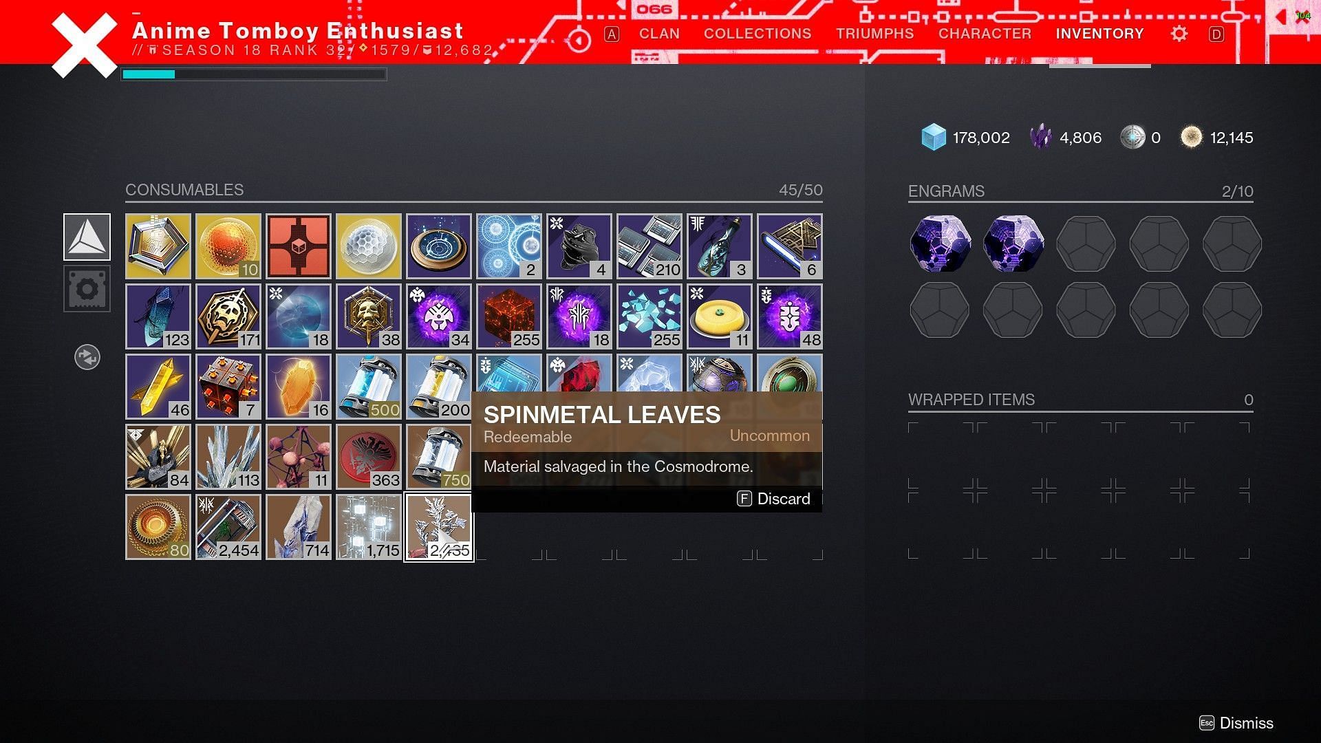 Planetary materials in inventory (Image via Destiny 2)