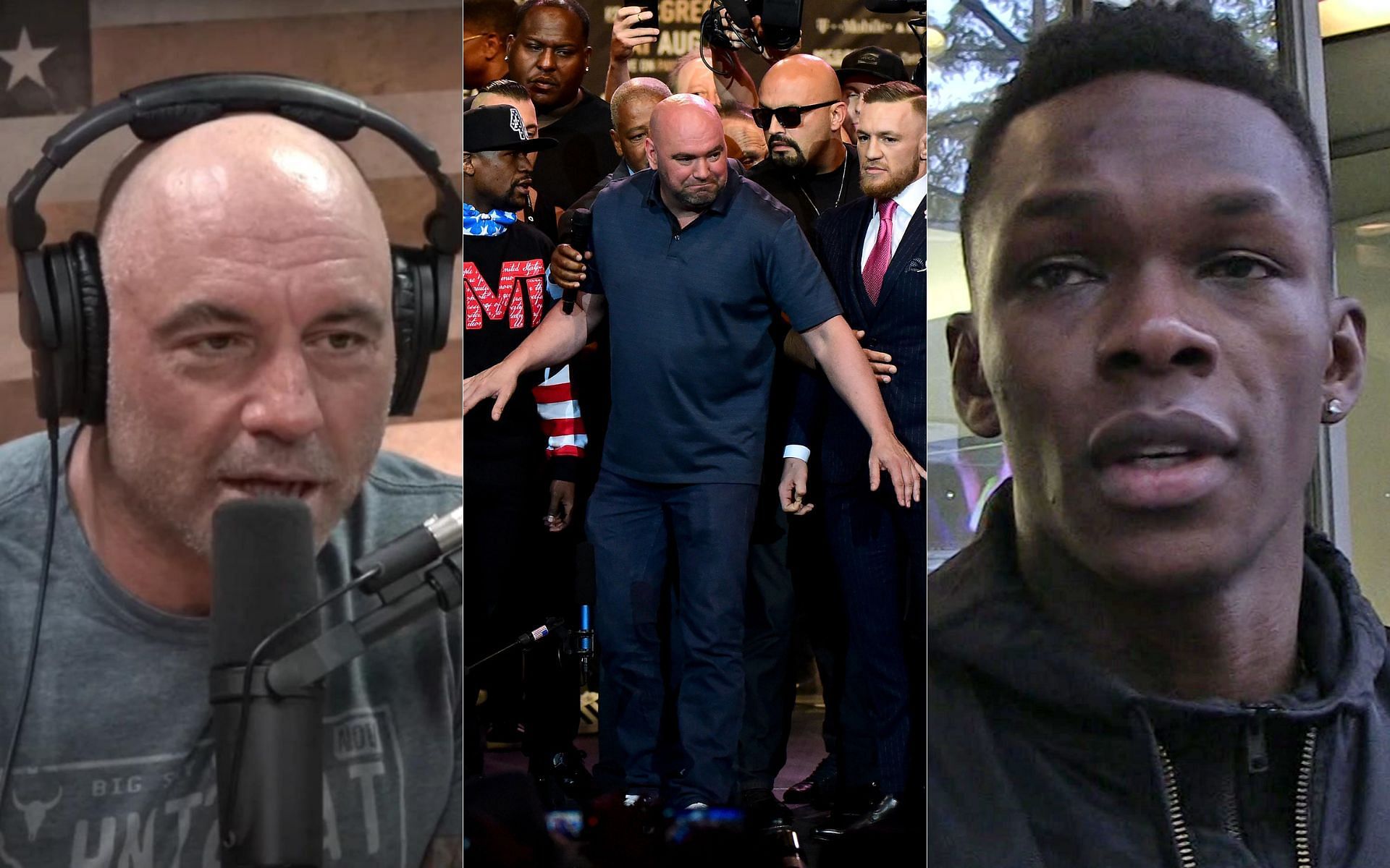 Joe Rogan (left - via JRE), Dana White with Floyd Mayweather and Conor McGregor (center), Israel Adesanya (right - via TMZ)