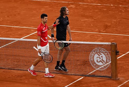 Novak Djokovic and Stefanos Tsitsipas at the 2020 French Open