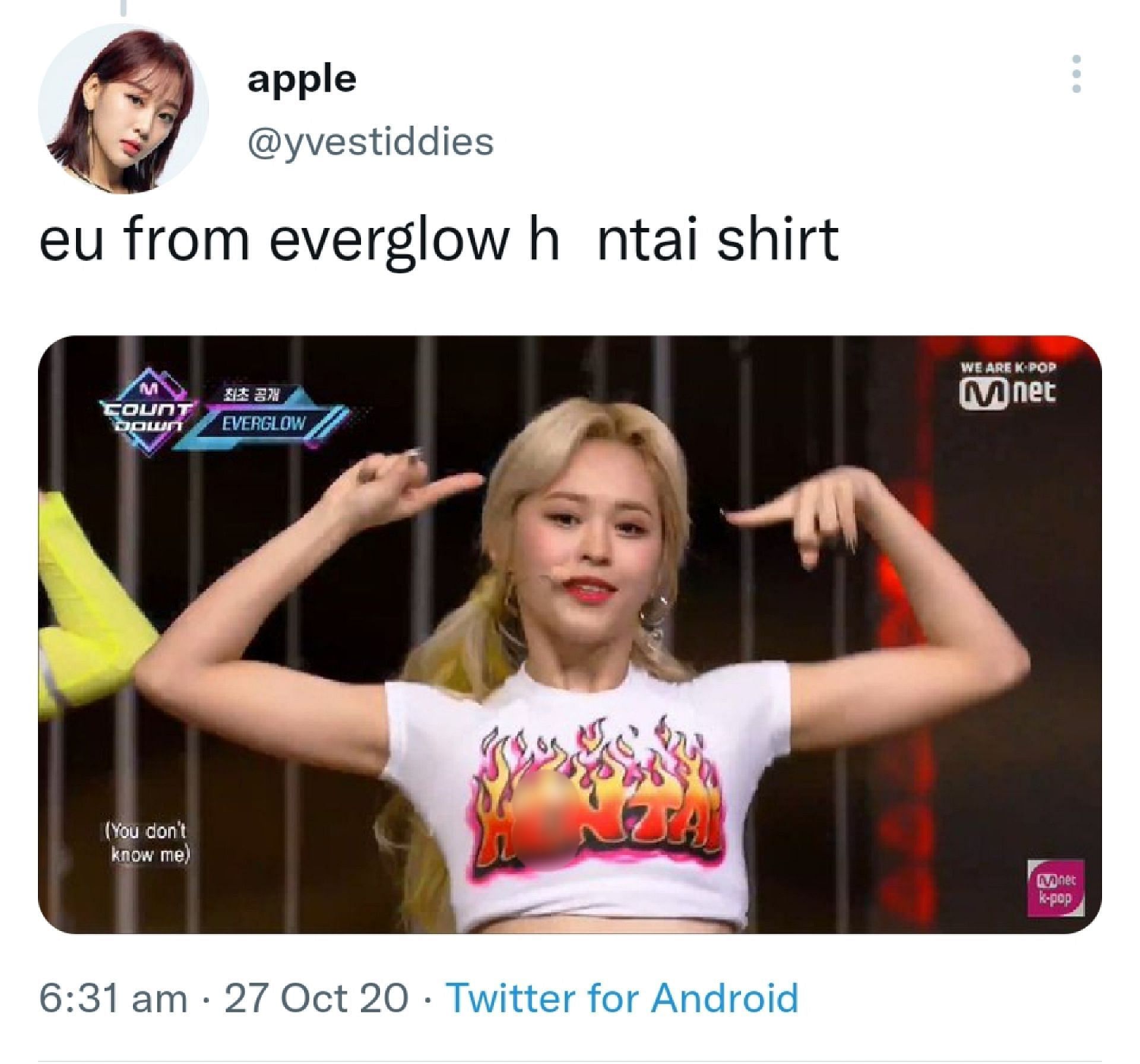 Everglow&#039;s E:U wearing a top that says &quot;H*ntai&quot;