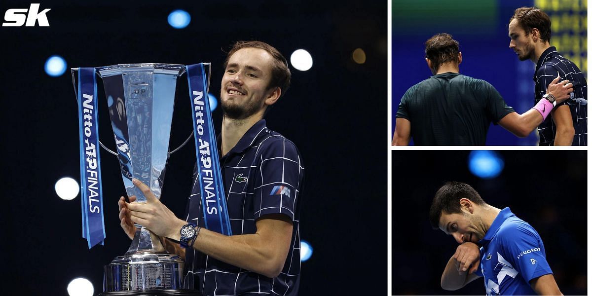 Daniil Medvedev with the 2020 ATP Finals trophy; Medvedev with Rafael Nadal (Top-R) and Novak Djokovic (Bottom-R).