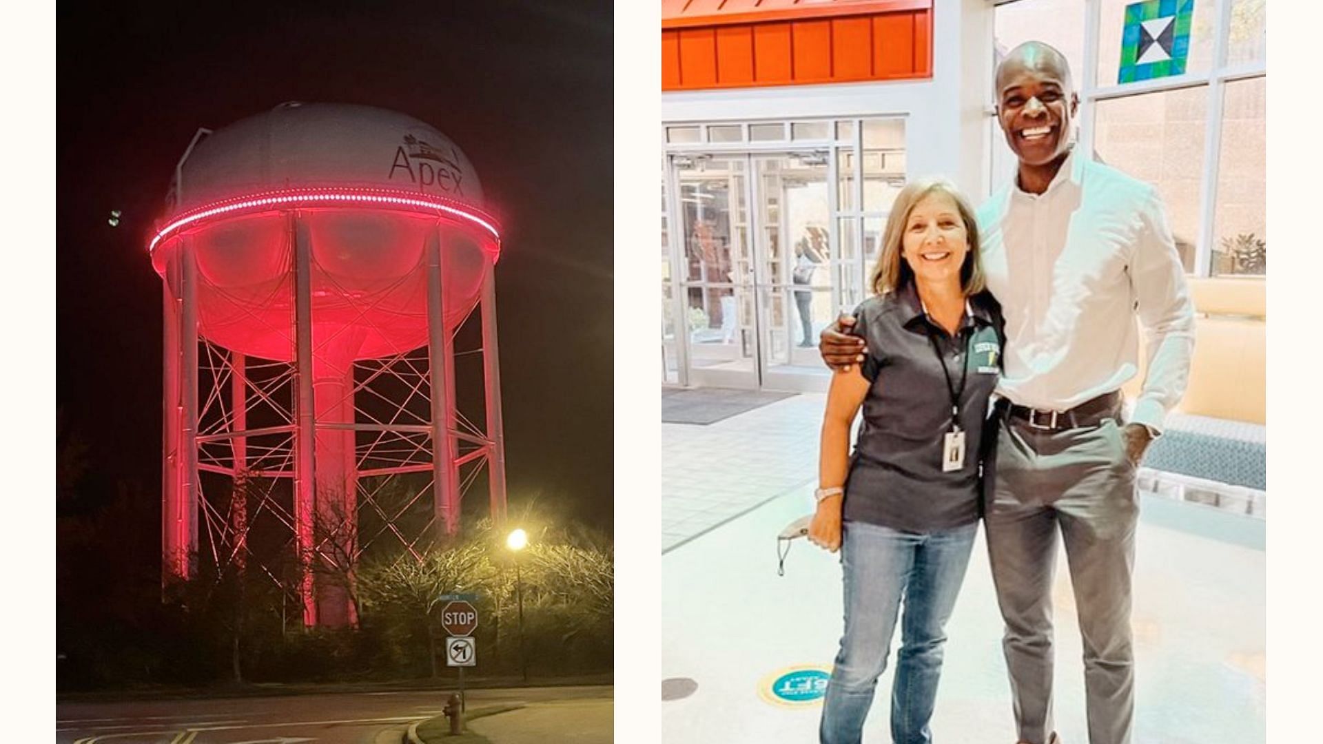 The Apex Water Tower lit Red in Tribute and Mayor Gilbert with Sinders (image via Twitter)