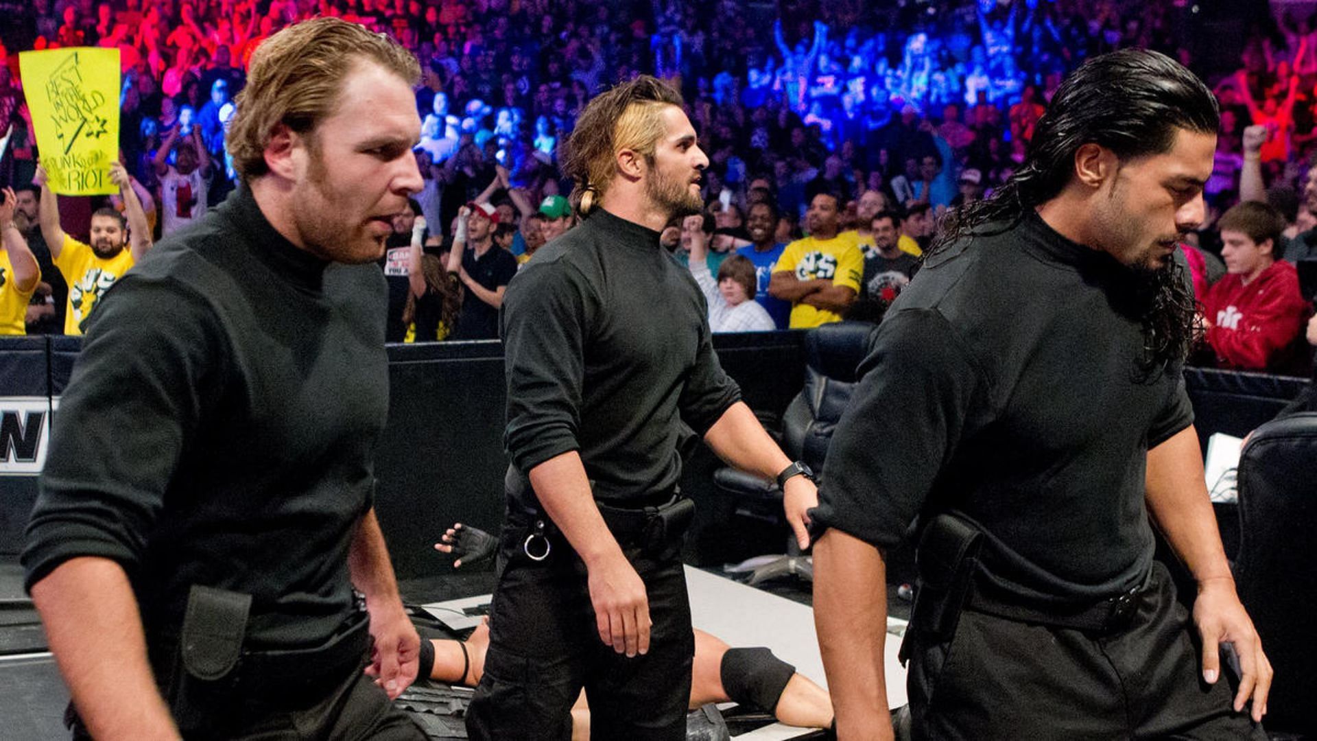 Roman Reigns, Seth Rollins, and Dean Ambrose (aka Jon Moxley) of The Shield