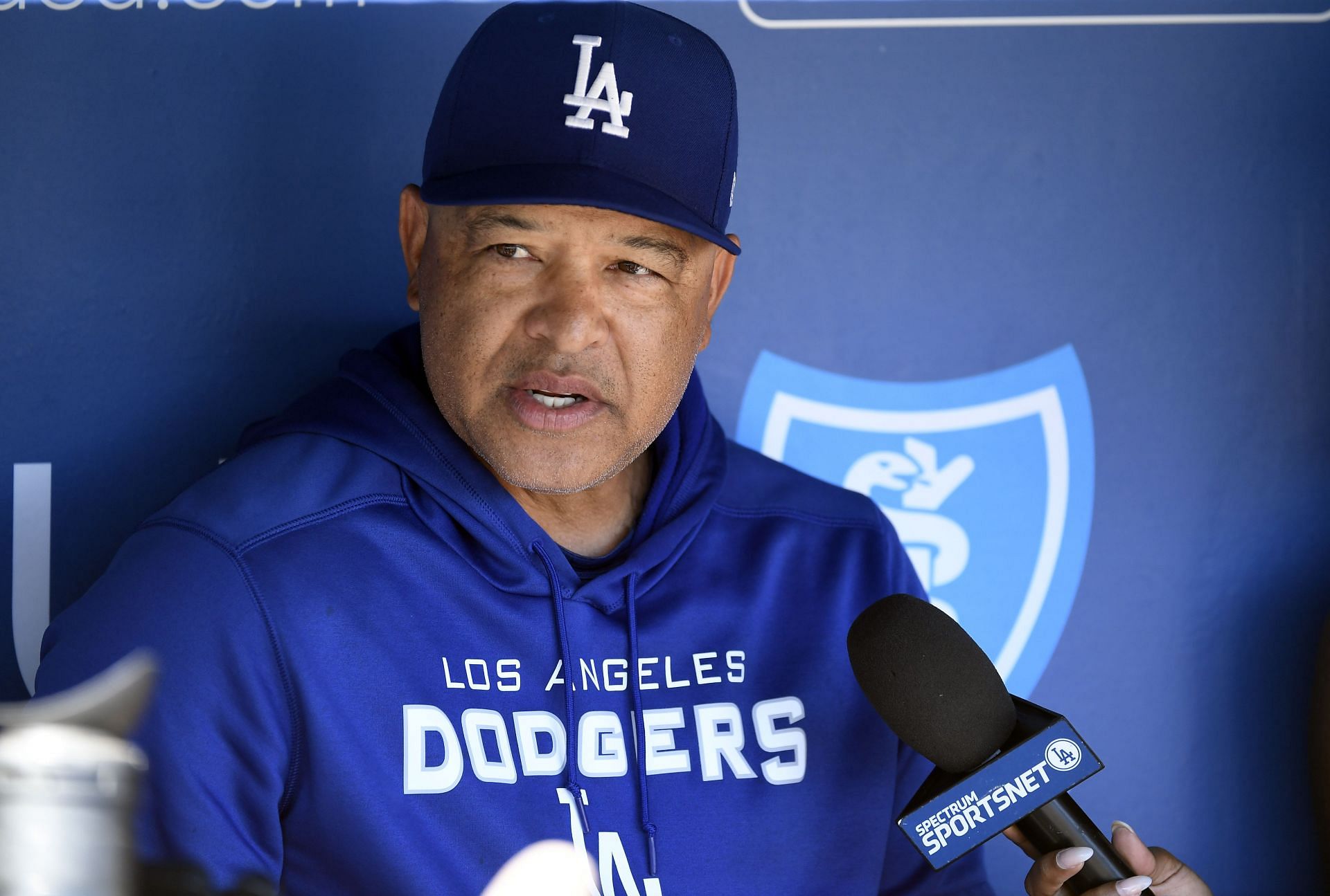 Manager Dave Roberts speaks to the media during a news conference at Dodger Stadium