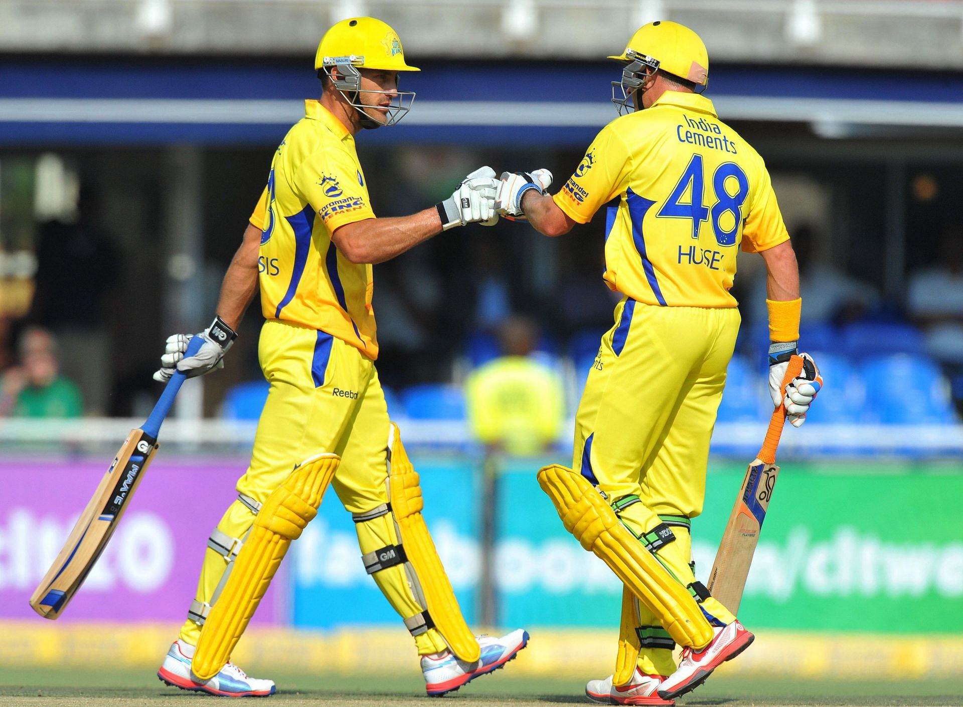 Faf du Plessis and Mike Hussey batting for CSK. Pic: Getty Images