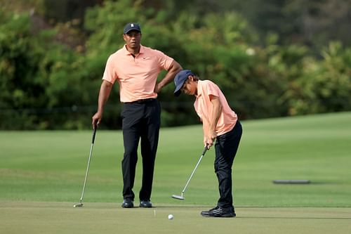 Tiger Woods with son Charlie at the 2021 PNC Championship - Round One (Image via Sam Greenwood/Getty Images)