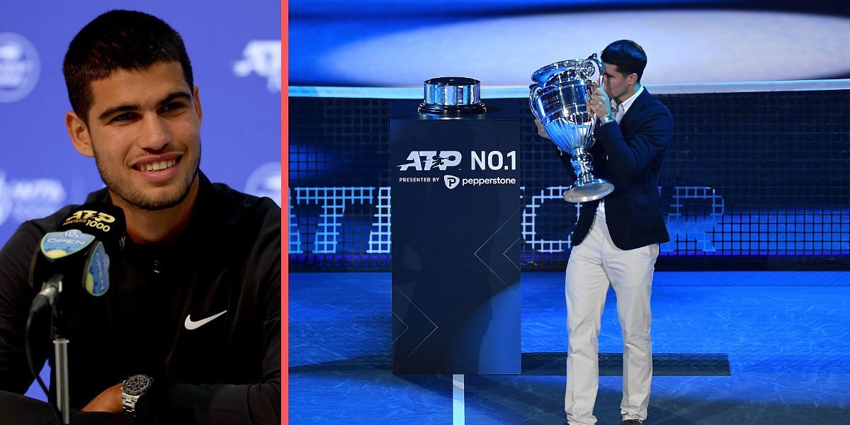 Carlos Alcaraz receives the World No 1 trophy at the 2022 Nitto ATP Finals