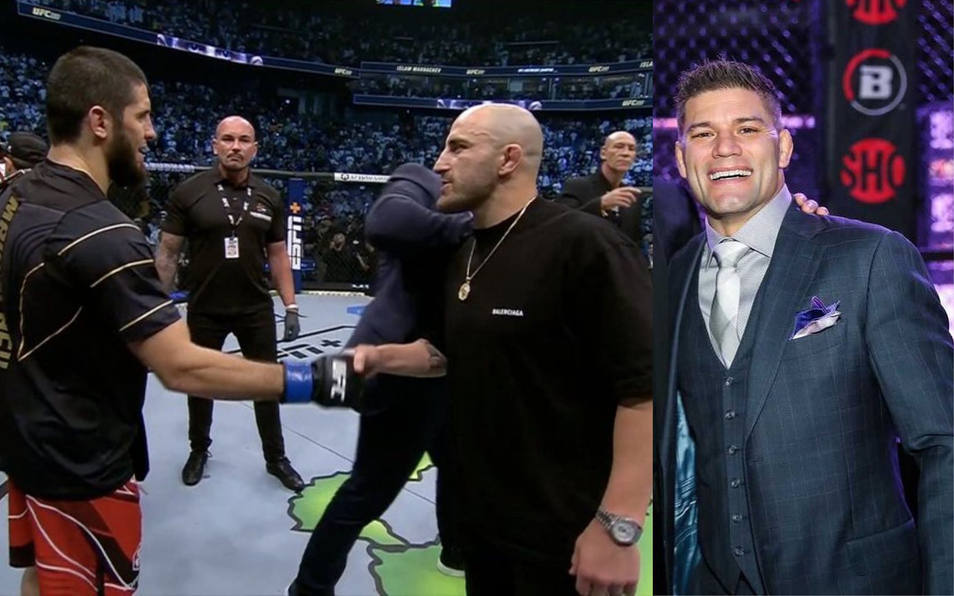 Islam Makhachev and Alexander Volkanovski (left) [image courtesy of @MMAJunkie/Twitter]; Josh Thomson (right) [image courtesy of @THEREALPUNK/Instagram]