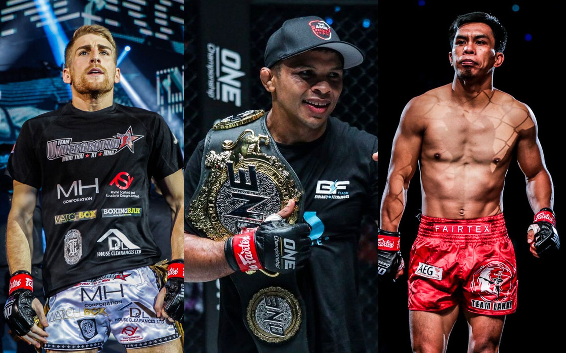 From left to right: Jonathan Haggerty, Bibiano Fernandes, Kevin Belingon. [Photos ONE Championship]