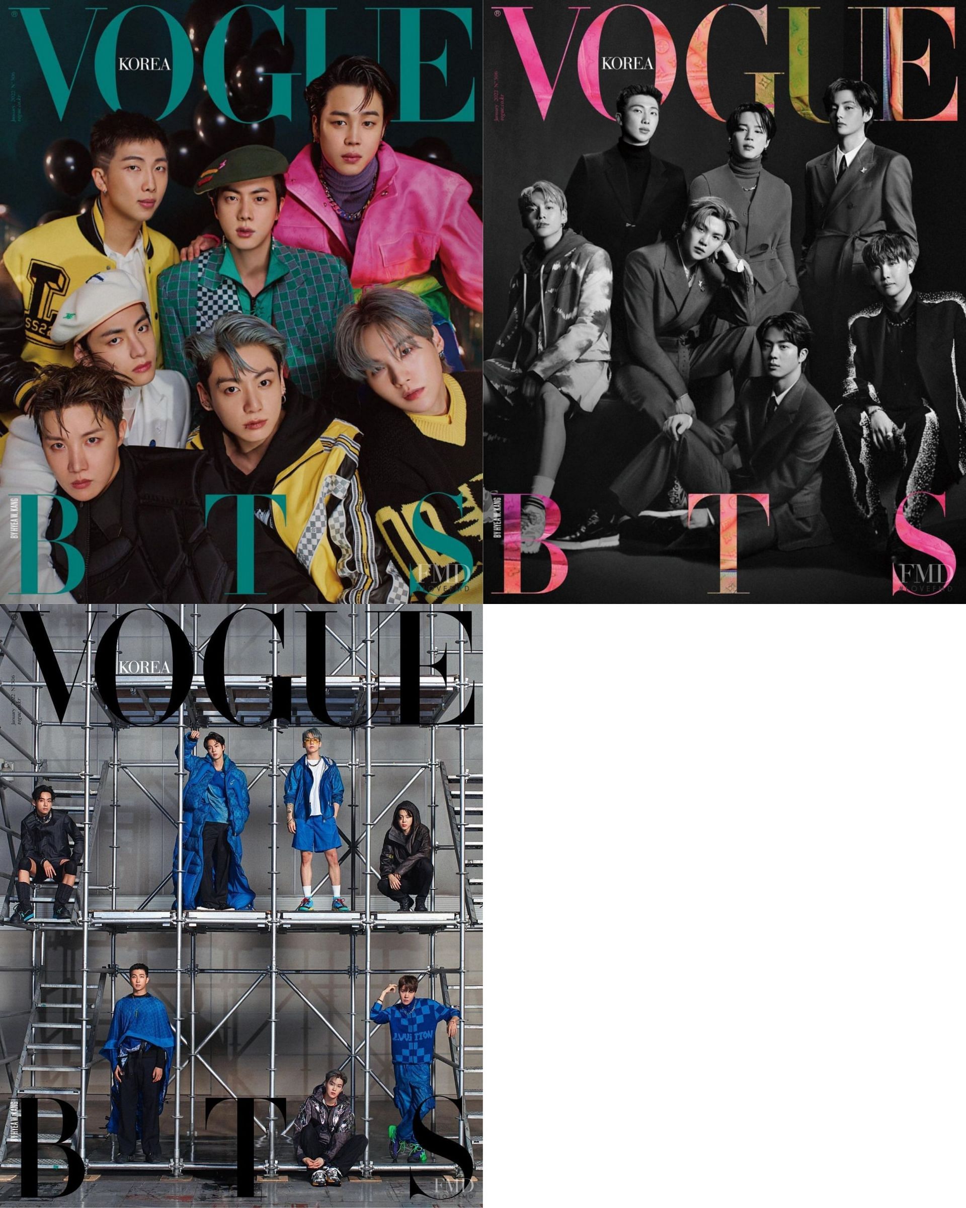 Vogue Korea started their 2022 by featuring worldwide icons BTS in three special edition covers for the January issue. (Images via fashionmodeldirectory.com)