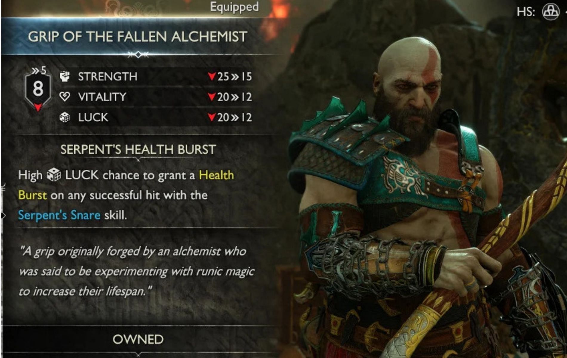 The Grip of the Fallen Alchemist randomly generates a health burst for Kratos (Image via Santa Monica Studio)
