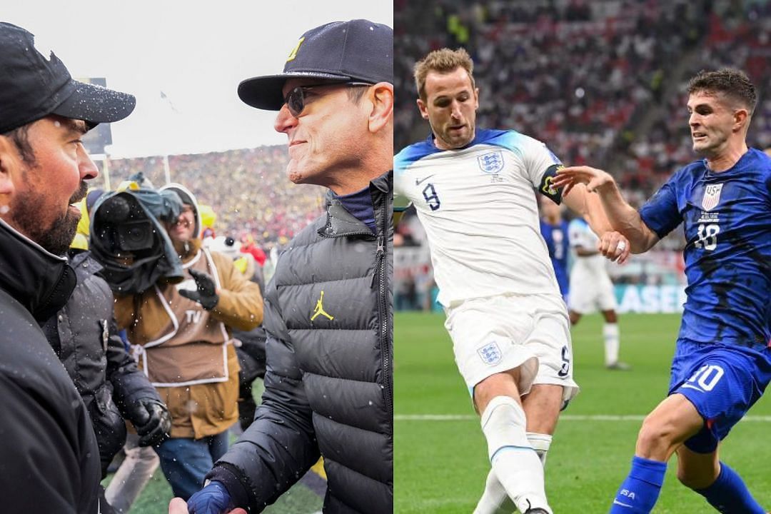 Ohio State HC Ryan &amp; Michigan HC Jim Harbaugh (l) and Harry Kane (#9) &amp; Christian Pulisic (r)