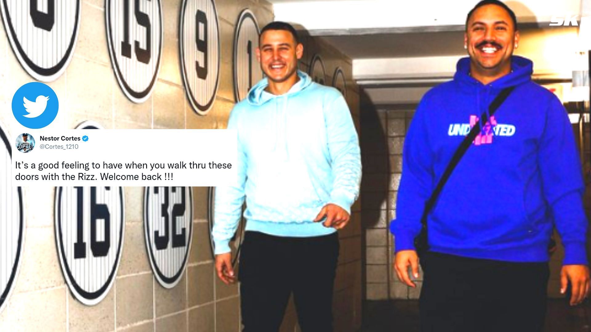 New York Yankees pitcher Nestor Cortes with his fellow teammate Anthony Rizzo.