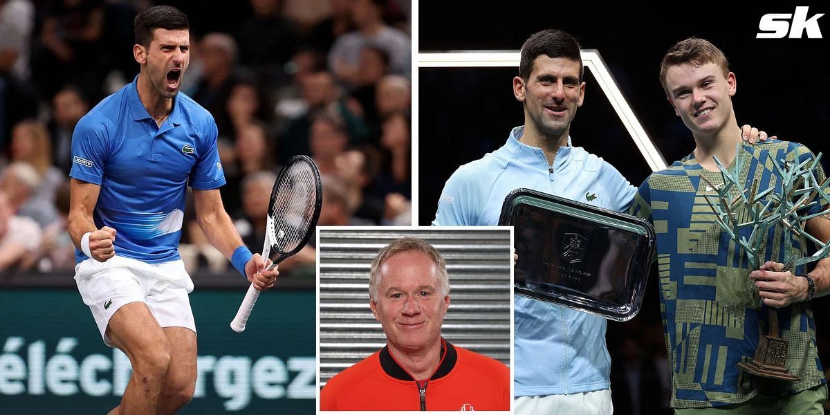 Novak Djokovic and Holger Rune at the 2022 Paris Masters; Patrick McEnroe (inset).