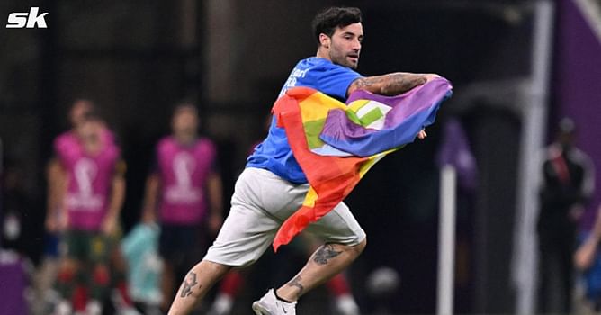 Man wearing 'Respect for Iranian woman' and 'Save Ukraine' shirt runs onto pitch with rainbow flag during Portugal vs Uruguay World Cup clash