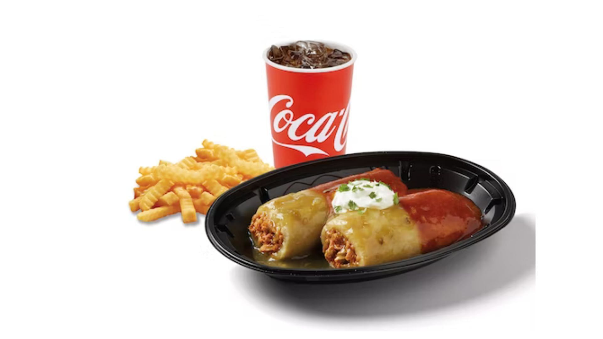 Smothered Tamale Meal with Crinkle-cut fries and Coca Cola (Image via Del Taco)