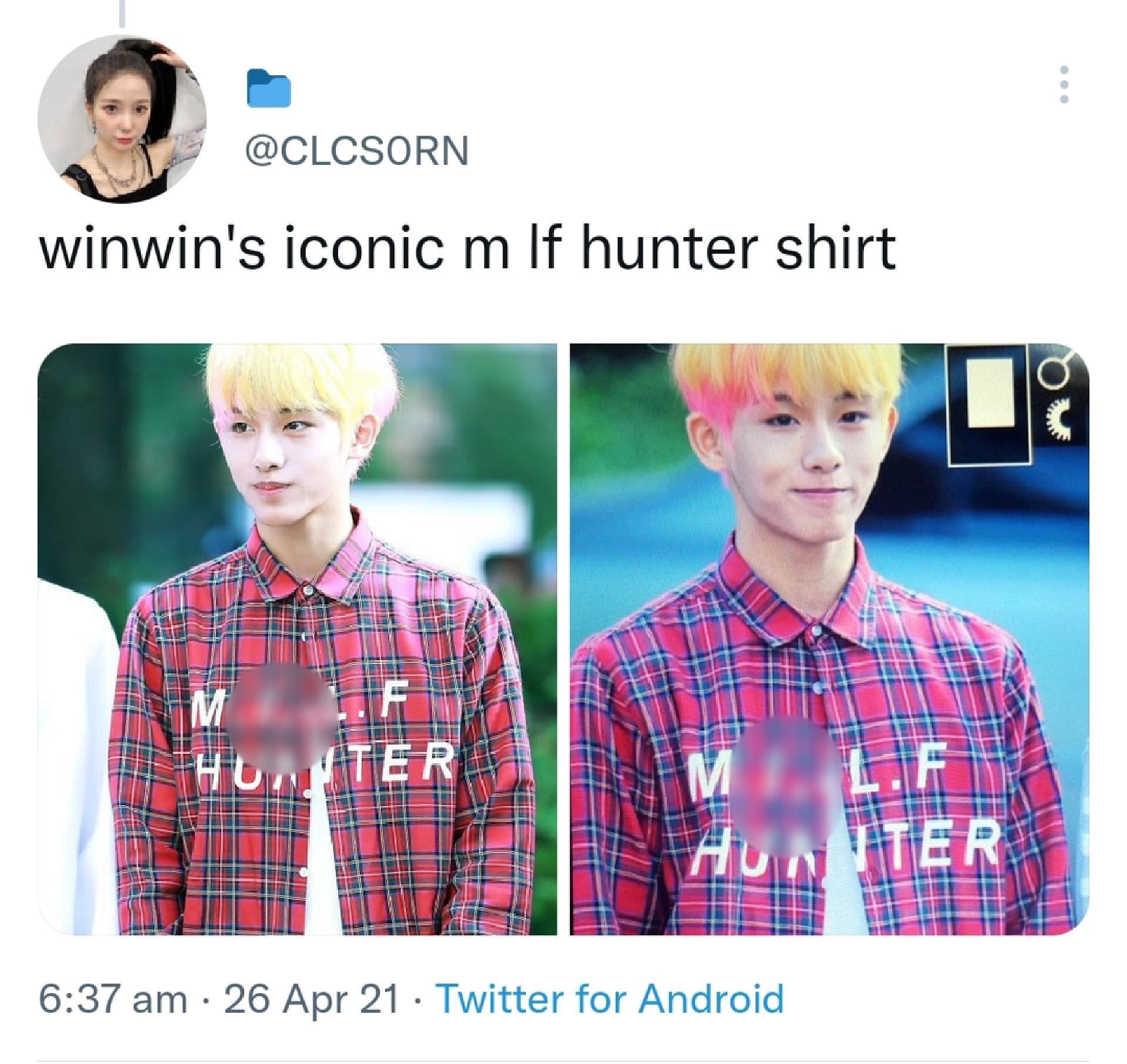 WayV&#039;s Winwin wearing a shirt that says &quot;M*LF HUNTER&quot;